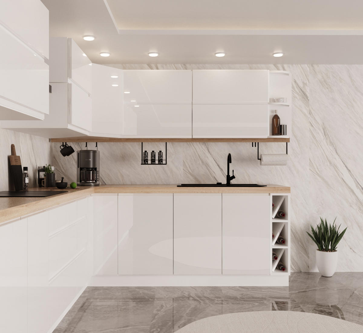 WINKELKÜCHE 420 cm x 240 cm - Aspen KA7-M420 - in Weiß/Hochglanz - Weiß Hochglanz, Holz (660/212/58cm)