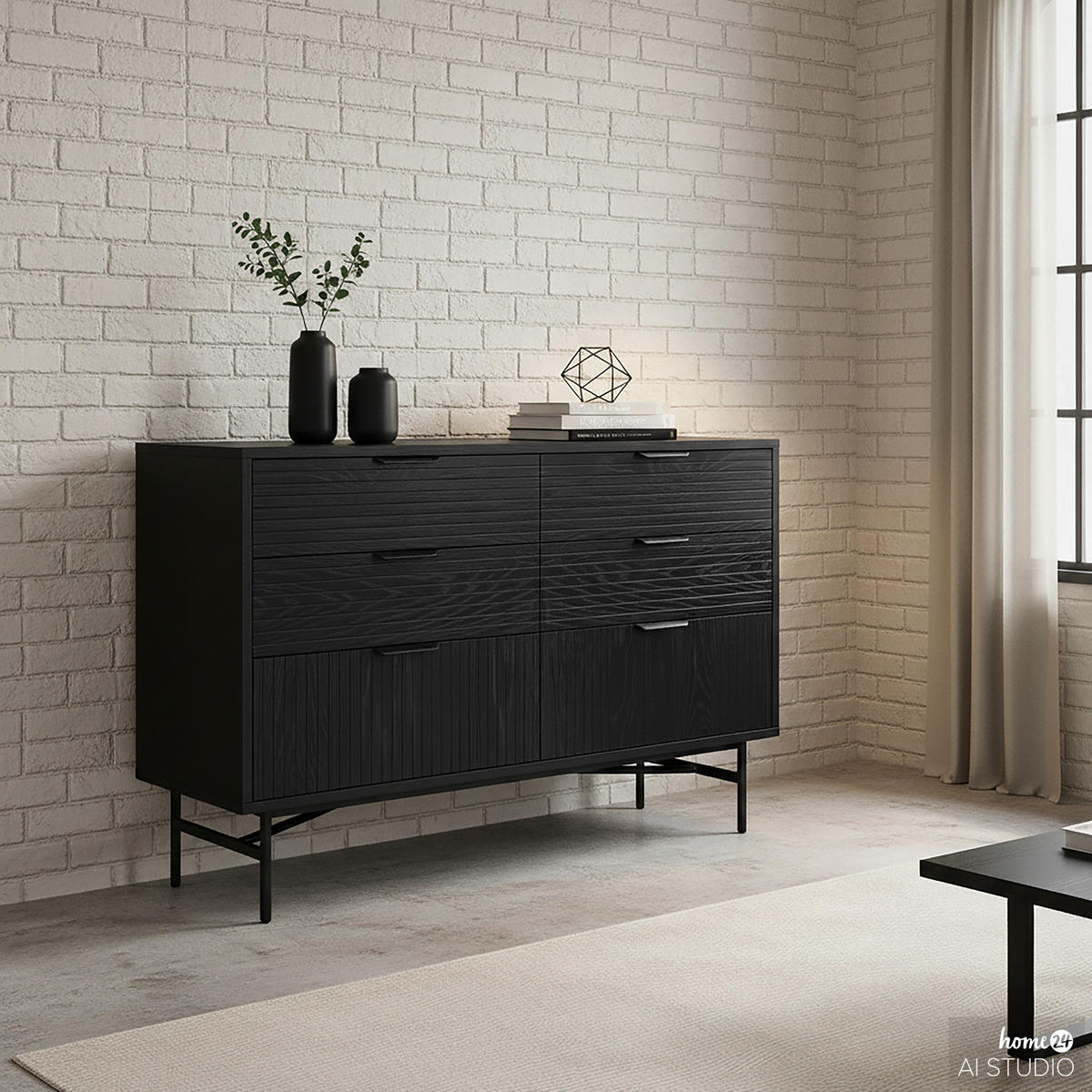 SIDEBOARD mit 6 Schubladen - Echtholzfurnier - Eichefarben/Schwarz, Holzwerkstoff/Metall (120/80/40cm) - home24