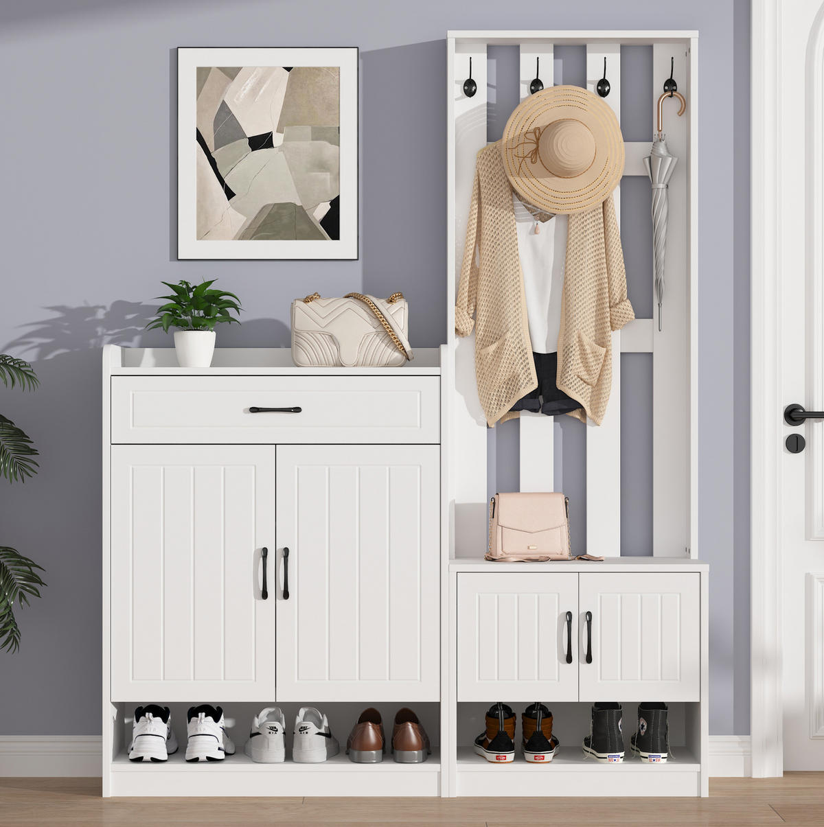 GARDEROBE 140/180/30,5 cm Weiß aus Spanplatte mit Schuhschrank und Sitzbank 3er Set - Weiß, Holzwerkstoff (30.5/180/140.6cm) - OKMYHOME