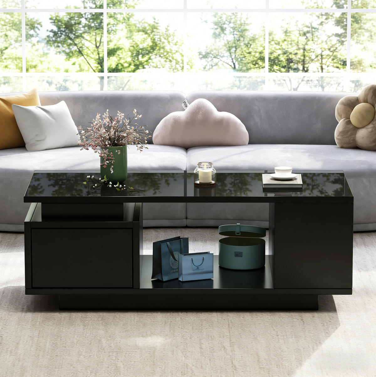 COUCHTISCH mit Schublade und LED 100 x 50 x 36 cm Schwarz - Schwarz, Holzwerkstoff (100/50/36cm) - Meubliv