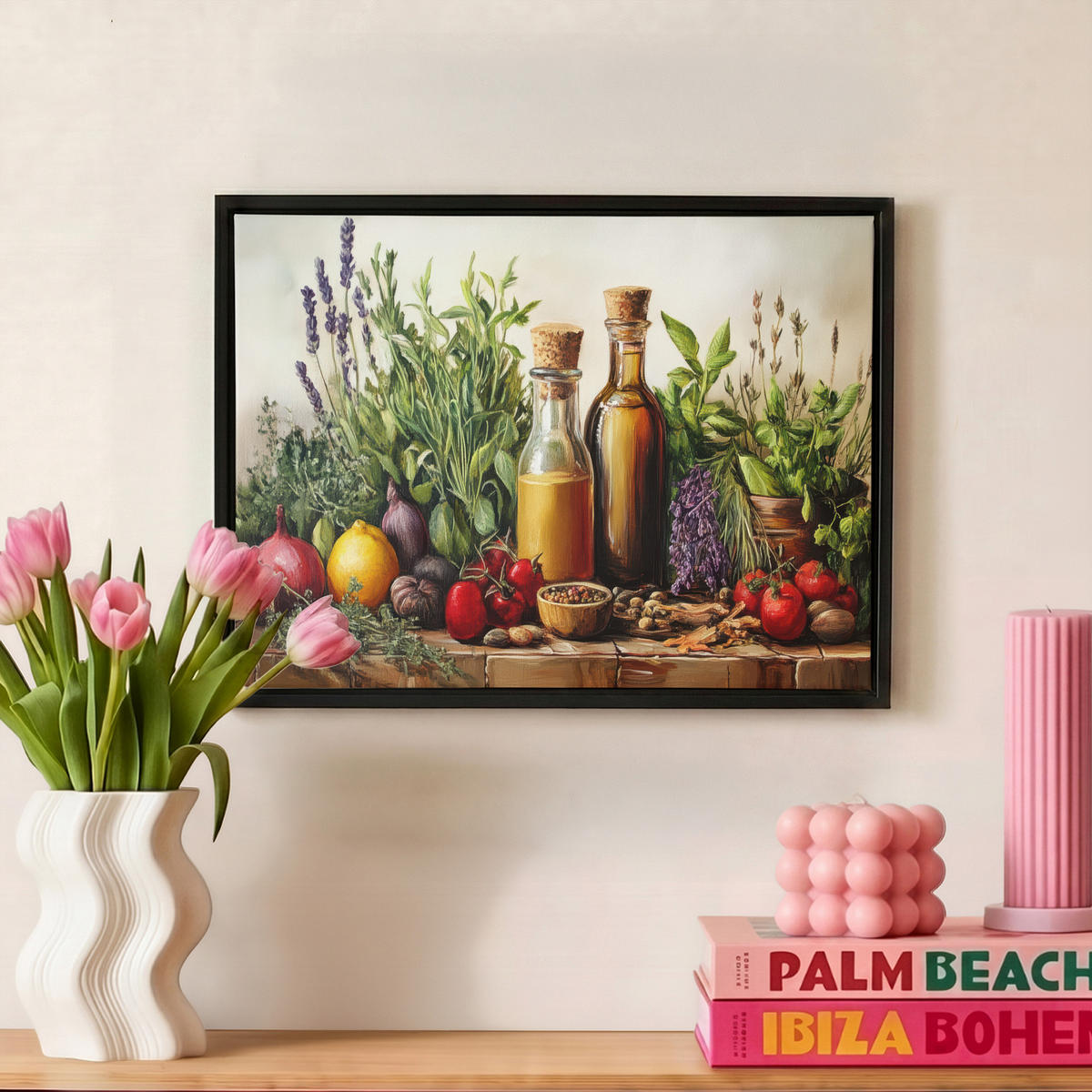 LEINWAND Bilder mit Rahmen - Stilleben - Kräuter - Gewürze - Früchte - Farbenfroh - 40x30 - Grün, Textil (40/30cm) - MuchoWow