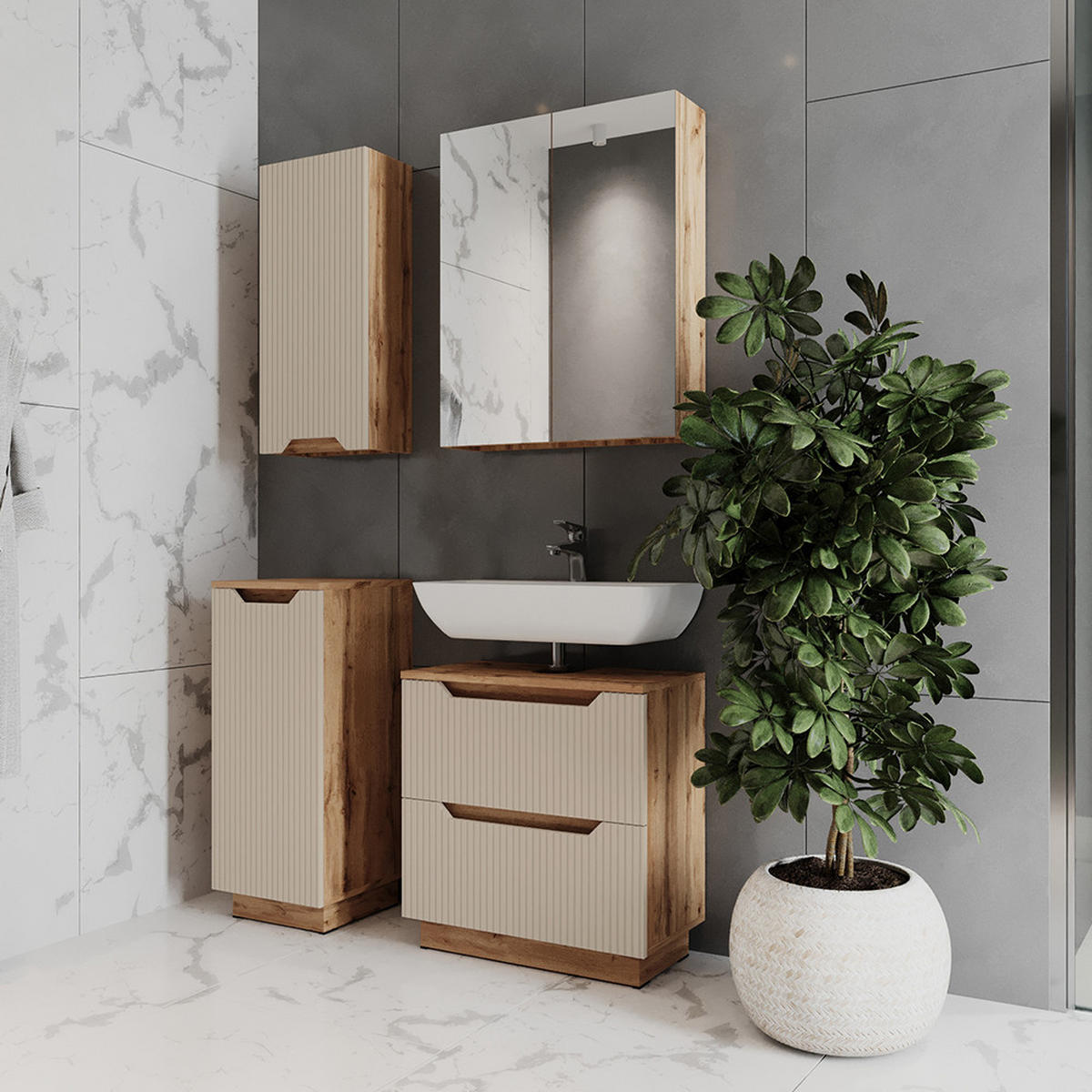 KOUPELNOVÝ NÁBYTEK Lotta Dubový/kašmírový pruhovaný - kašmírová/barva dubu, kompozitní dřevo (59.8/62.5/32cm) - Vicco