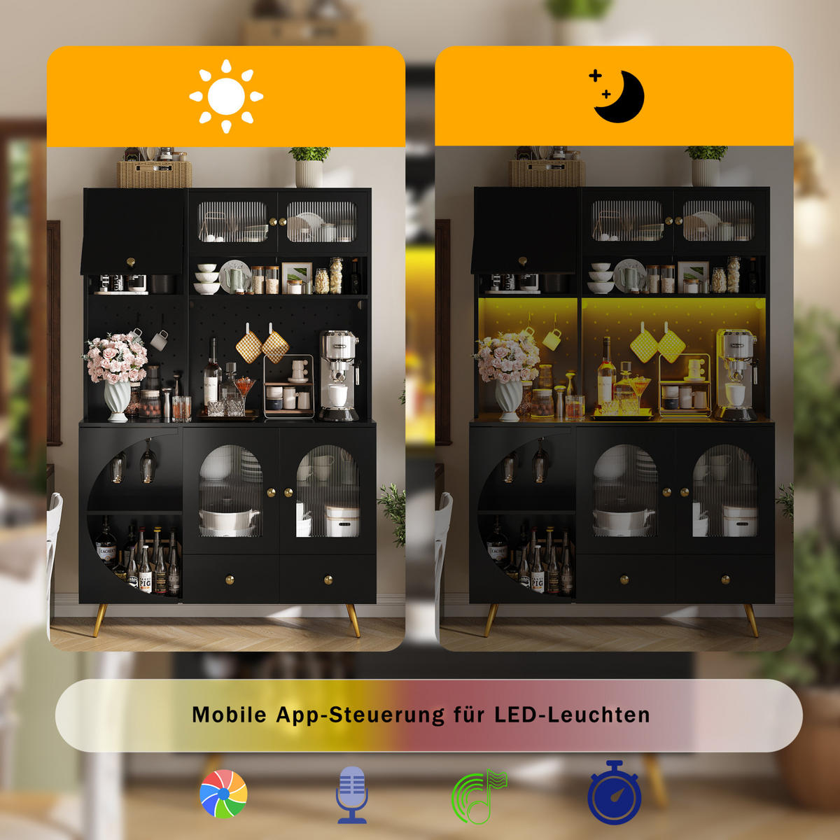 ANRICHTE Küchenschrank 120/40/176 cm aus MDF und Glas mit LED-Beleuchtung und Steckdosenleiste Schwarz - Schwarz, Holzwerkstoff (120/176/40cm) - Modenvie