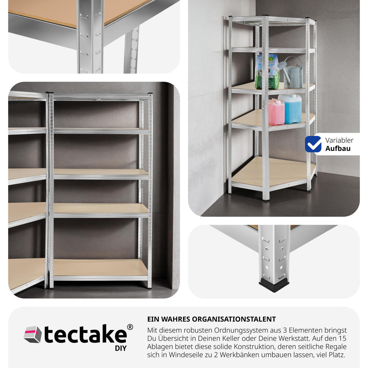 SCHWERLASTREGALSYSTEM Gustav,variable Montage im Stecksystem,silber - Silberfarben, Metall (165/180/165cm) - tectake