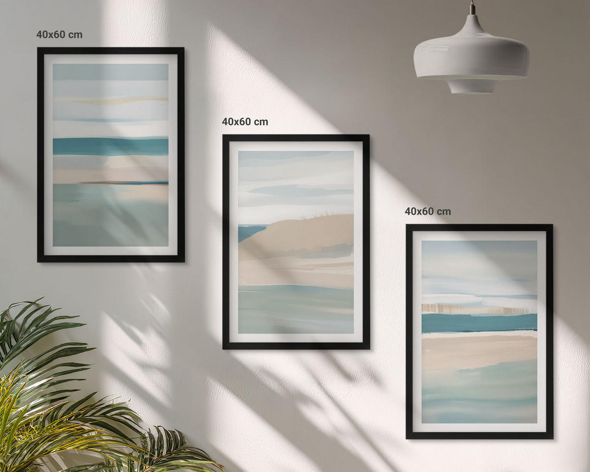 BILDER SET 3er Set - 40x60 cm Schwarzer Rahmen - Abstrakte blaue Landschaften - Schwarz, Kunststoff (40/60cm) - TULUP