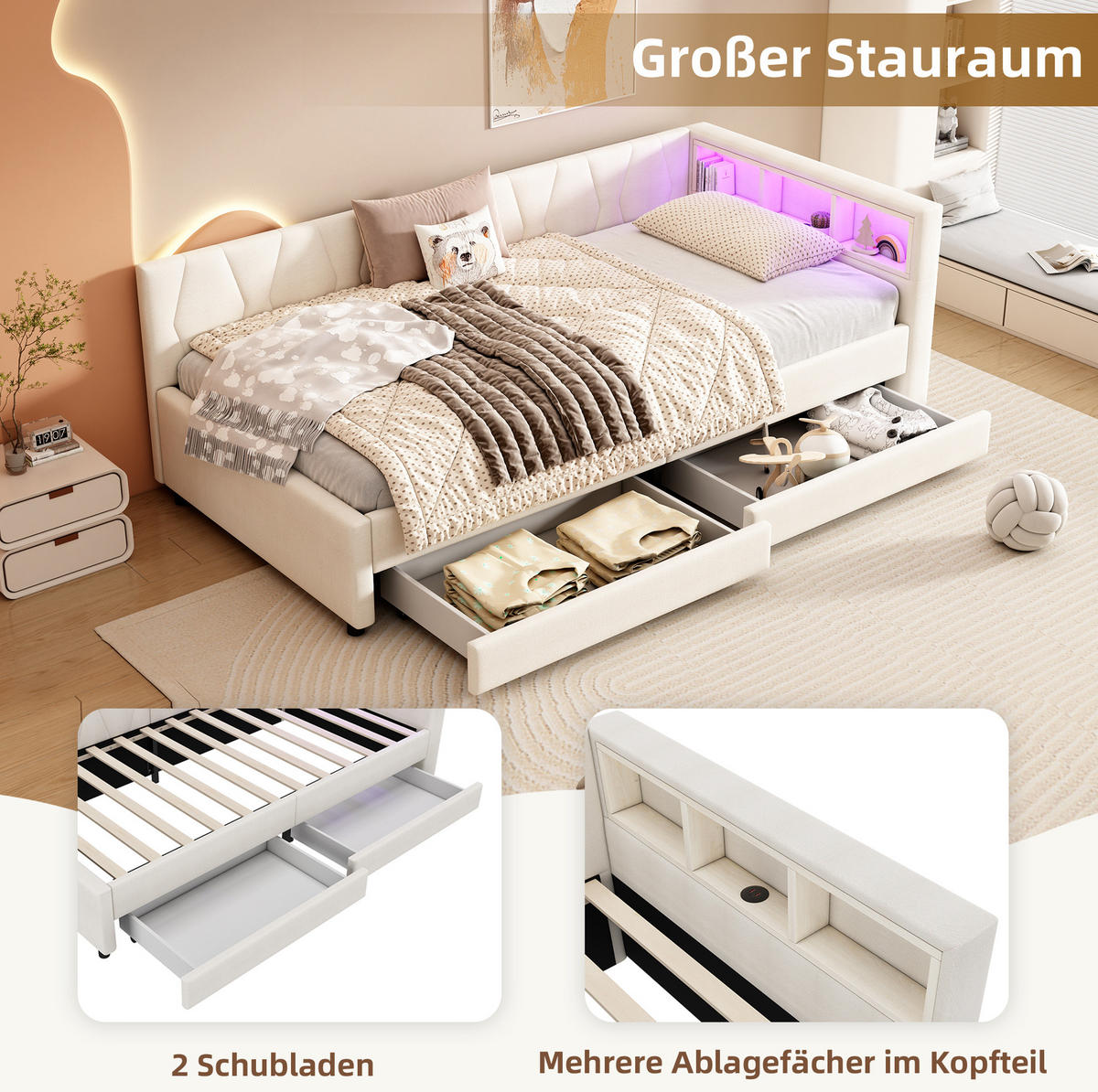 POLSTERBETT 90/200 cm Beige aus Leinen und MDF mit LED-Lichtleiste - Beige, Textil (90/200cm) - OKMYHOME