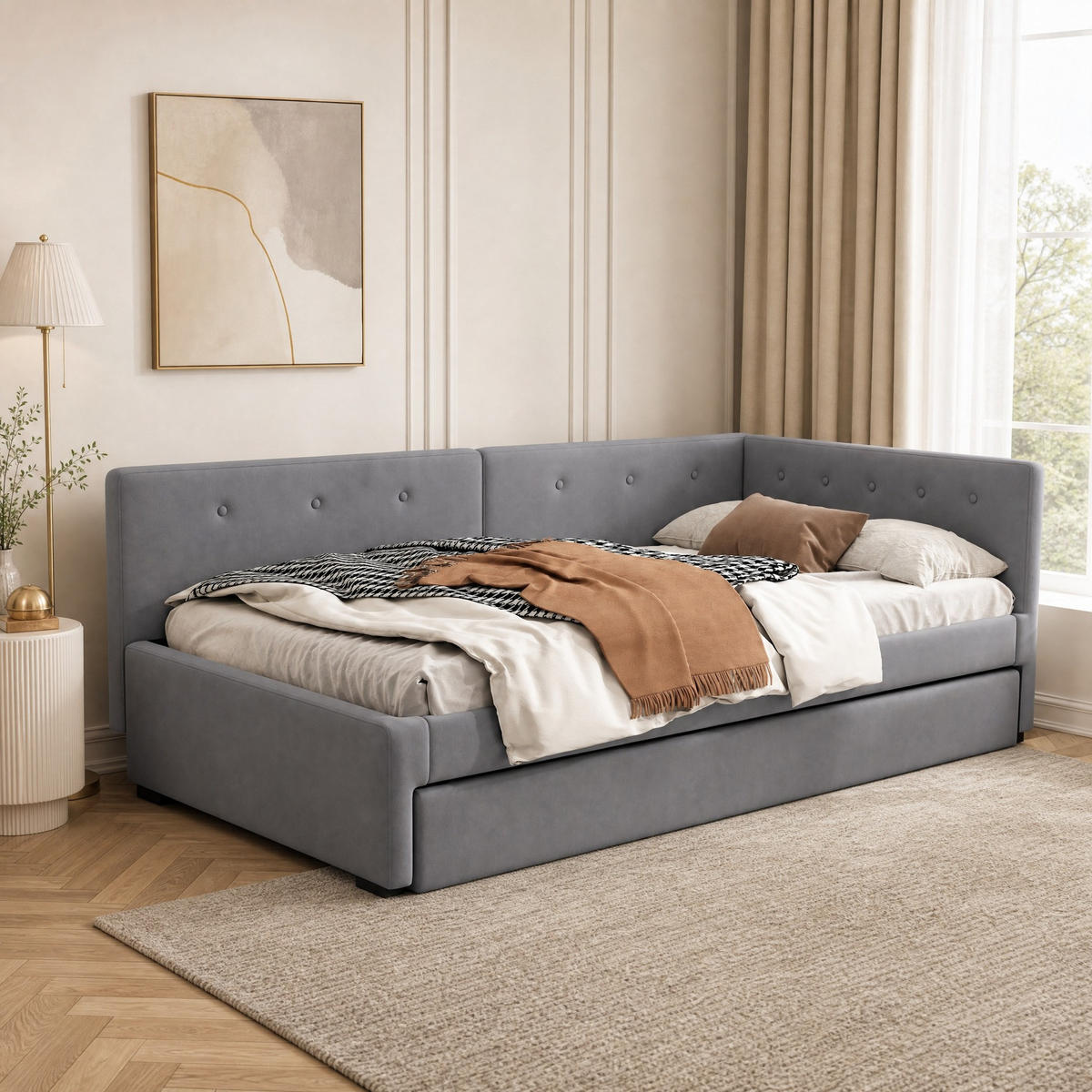 POLSTERBETT 90/200 mit Rollbett, Samt und MDF in Grau - Grau, Holzwerkstoff/Textil (90/200cm) - EVRYAE