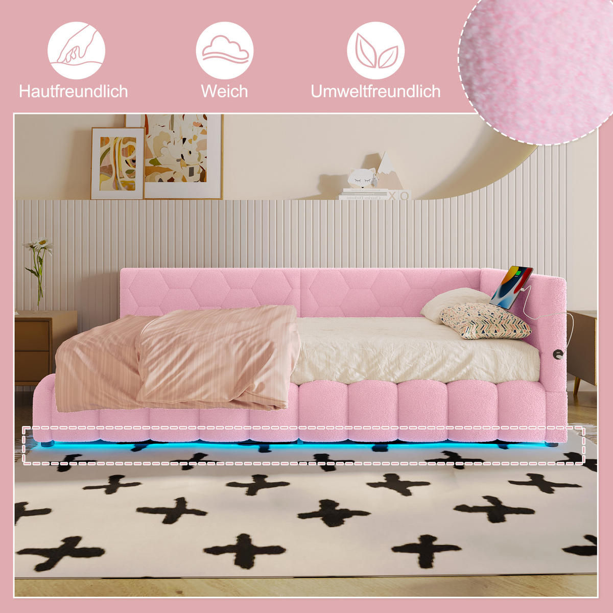 TAGEBETT 90x200cm Rosa Vliesimitat LED-Licht Hydraulik USB-C - Pink, Holz (90/200cm) - FLIEKS