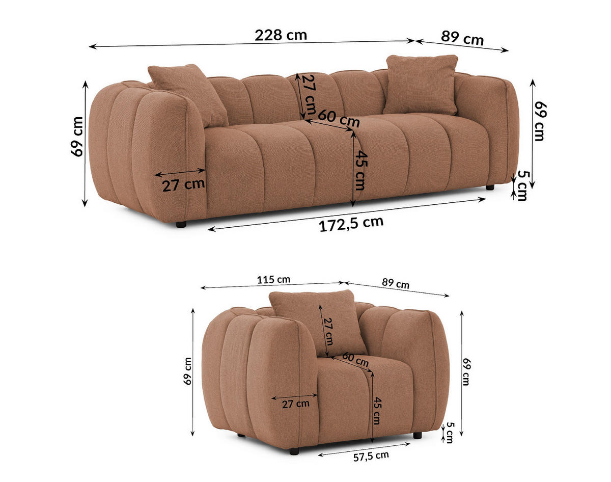 SITZGARNITUR 3+1 Nubira in tief gesteppter Bubble-Optik aus weichem Terrakotta Strukturstoff im modernen Design - Terracotta/Schwarz, Holz/Kunststoff (228/69/89cm) - S-Style Möbel