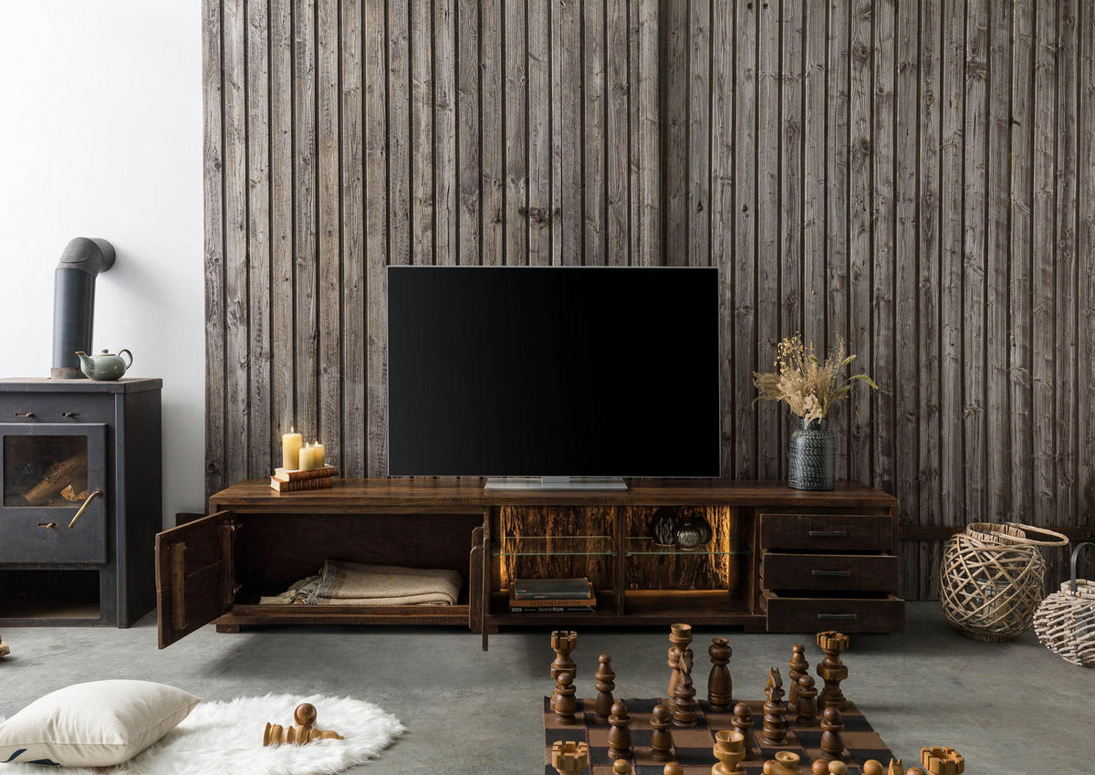 TV-BOARD Akazie 235x40x47 dunkelbraun lackiert BARK #216 - Dunkelbraun, Holz (235/47/40cm) - Massivmoebel24