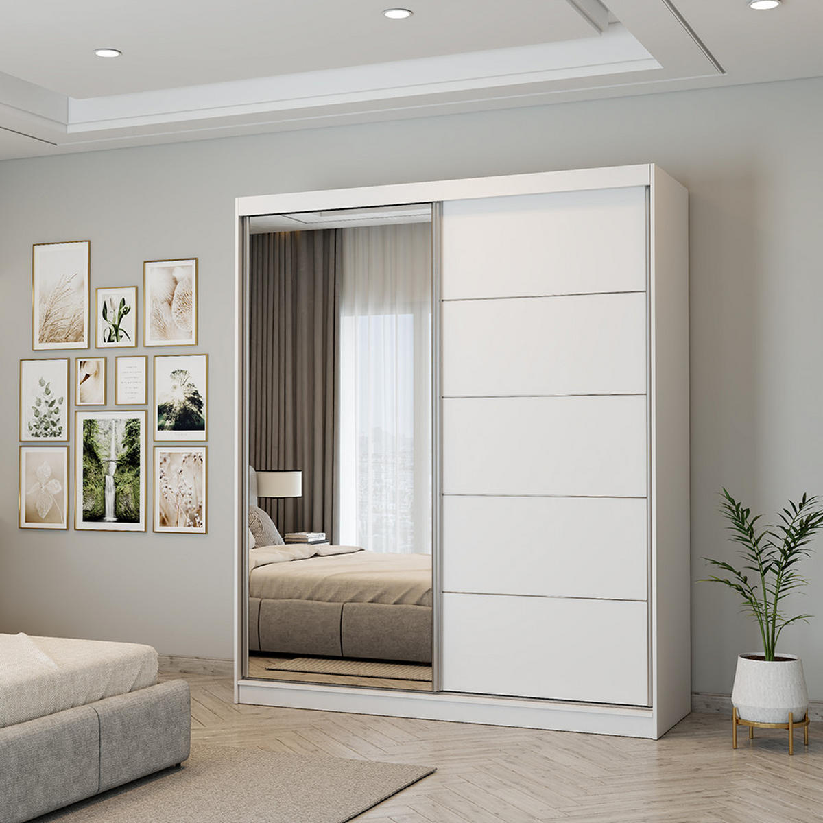 SCHWEBETÜRENSCHRANK 183/218/61 cm 2-türig Bella 03 Weiß, Weiß - Alufarben/Weiß, Holzwerkstoff/Metall (183/218/61cm) - imoebel24