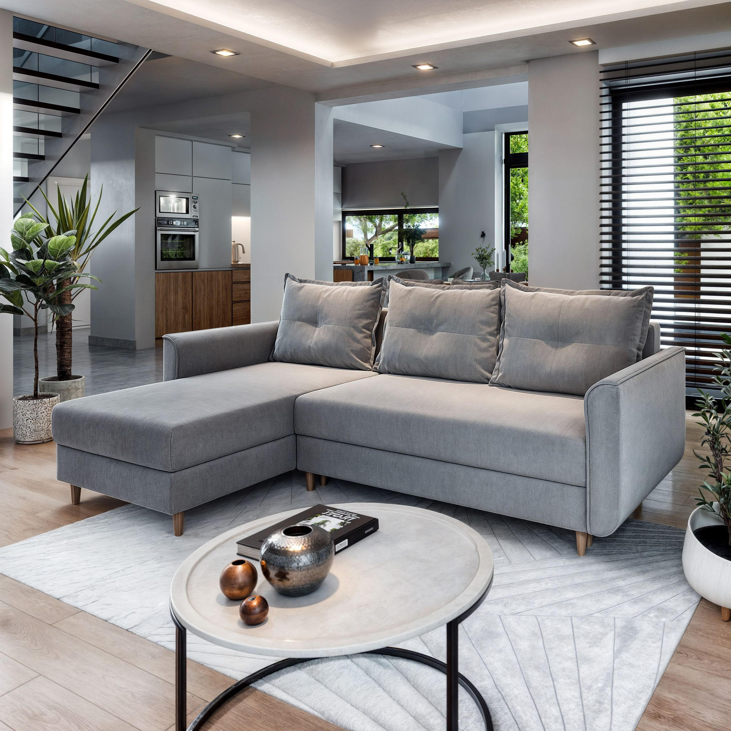 ECKSOFA PISAN L-S Hellgrau Plüsch-Stoff mit Schlaffunktion - Hellgrau, Holz (220/140cm) - MASSENO