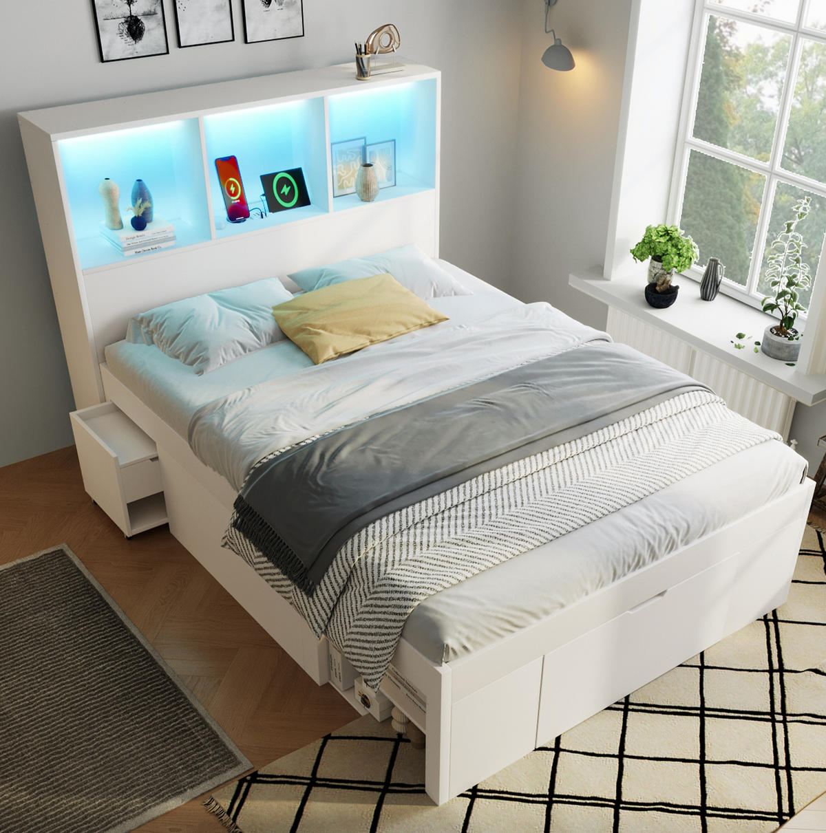 POLSTERBETT 90x200 cm in Weiß mit LED-Beleuchtung & Ladestation - Weiß, Holzwerkstoff (90/200cm) - Modfu