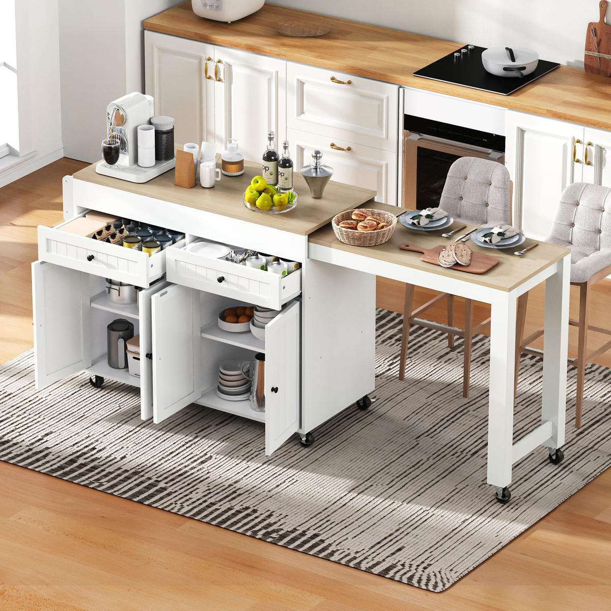 KÜCHENINSEL 112-180,5/92,2/45 cm Weiß/Natur aus MDF mit ausziehbarer Arbeitsplatte - Weiß, Holzwerkstoff (45/92.2/180.5cm) - OKMYHOME