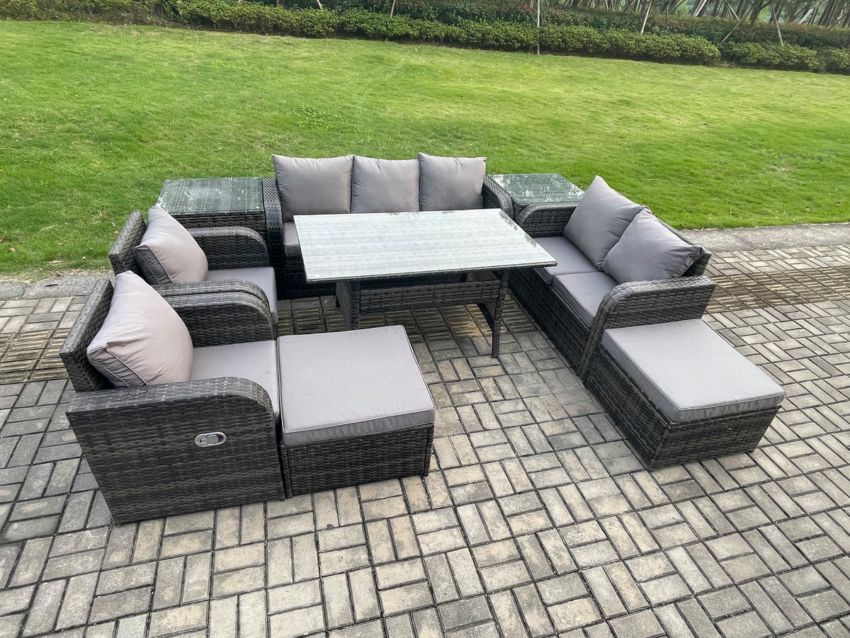 Gartenmöbelset mit 3-Sitzer Sofa,Esstisch,2 Hockern,Beistelltischen Polyrattan Dunkelgrau 9-Sitzer - Dunkelgrau/Grau, Glas/Kunststoff - Fimous