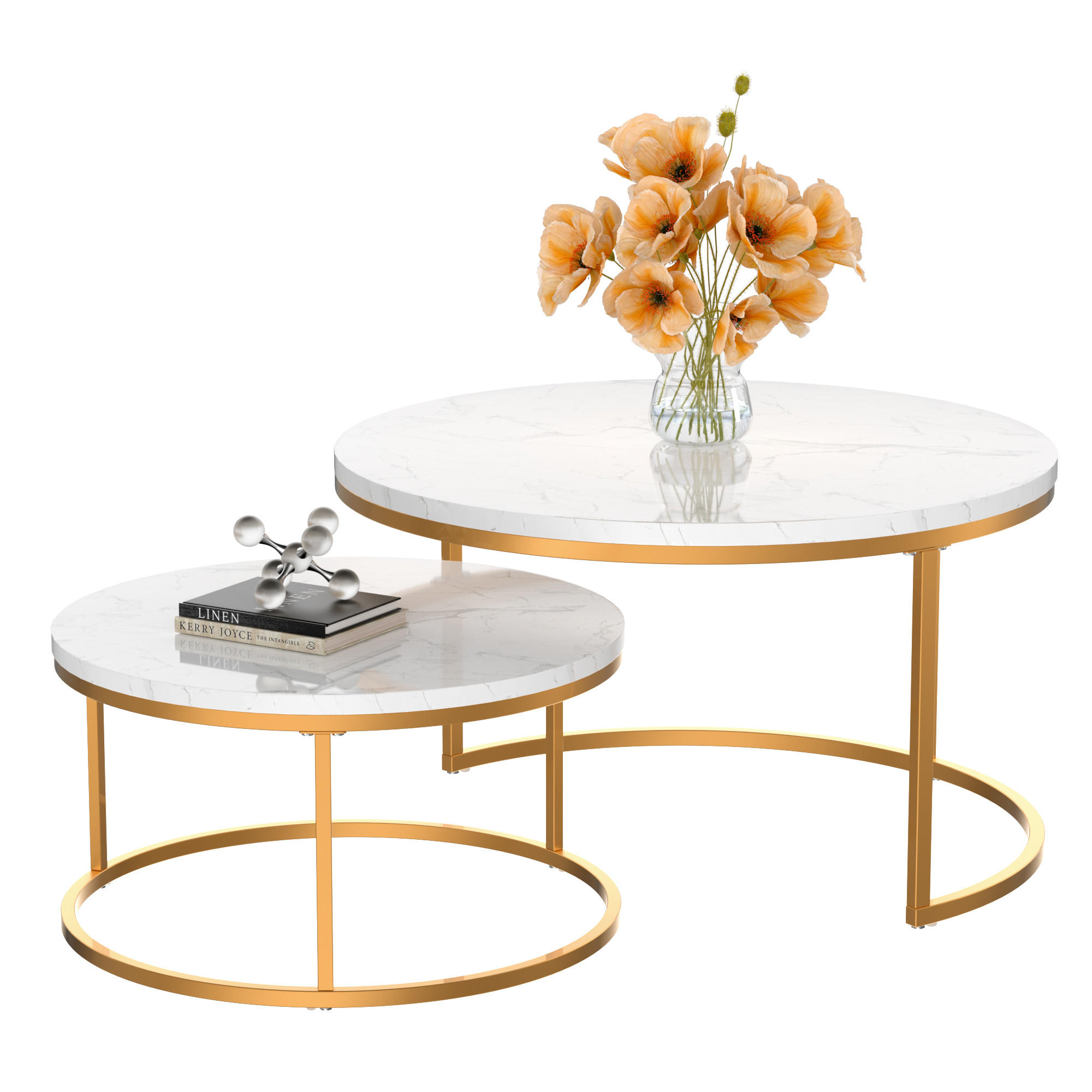 COUCHTISCH-SET mit Marmoreffekt und Metallrahmen Basis, Stapelbarer Beistelltisch Set 80/80/45 cm + 60/60/33,5 cm, Weiß und Gold - Weiß, Holzwerkstoff (80/80/45cm) - Redom