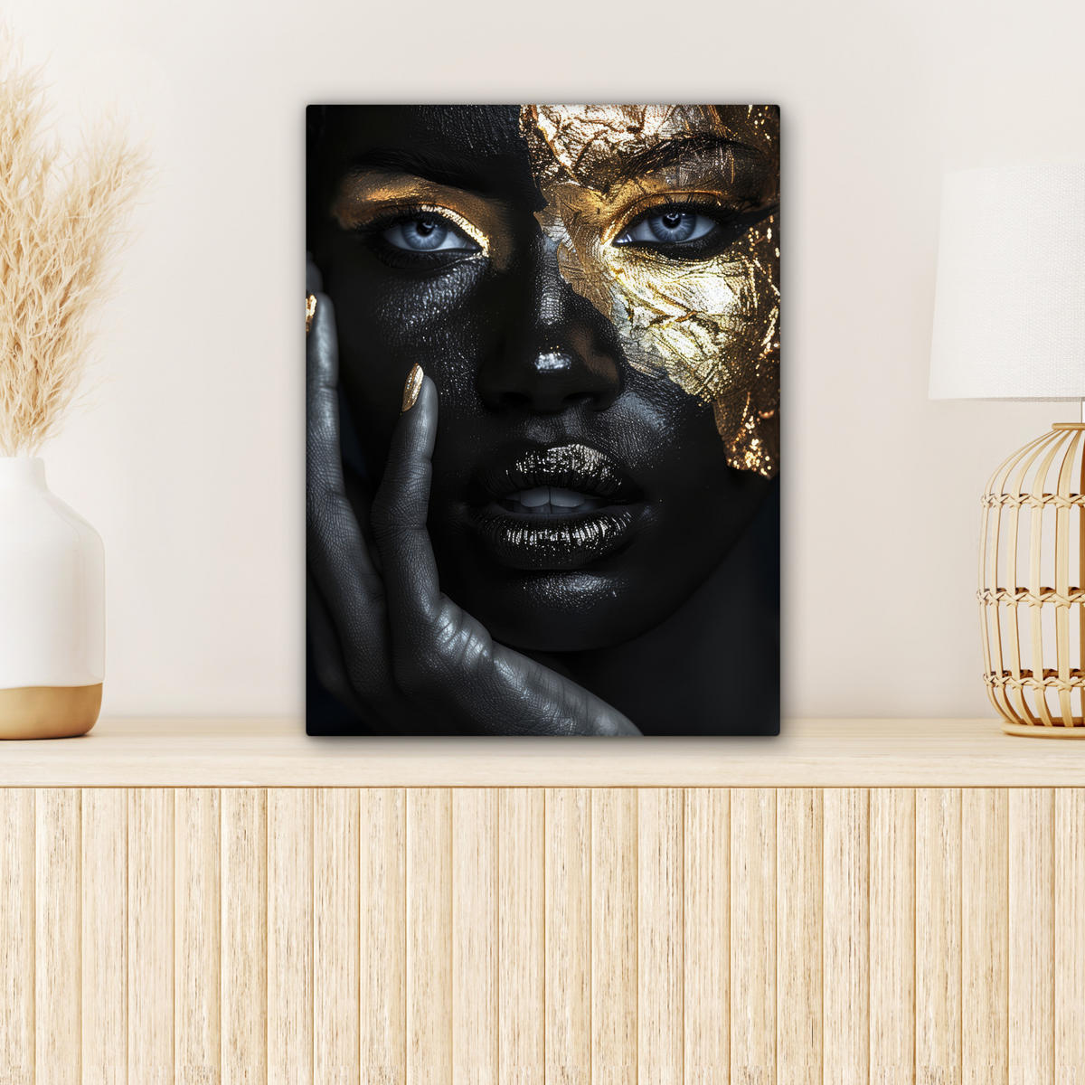 LEINWANDBILD Frau - Gold - Porträt - Schwarz-Weiß - Luxus 30x40 cm - Hellblau, Textil (30/40cm) - MuchoWow