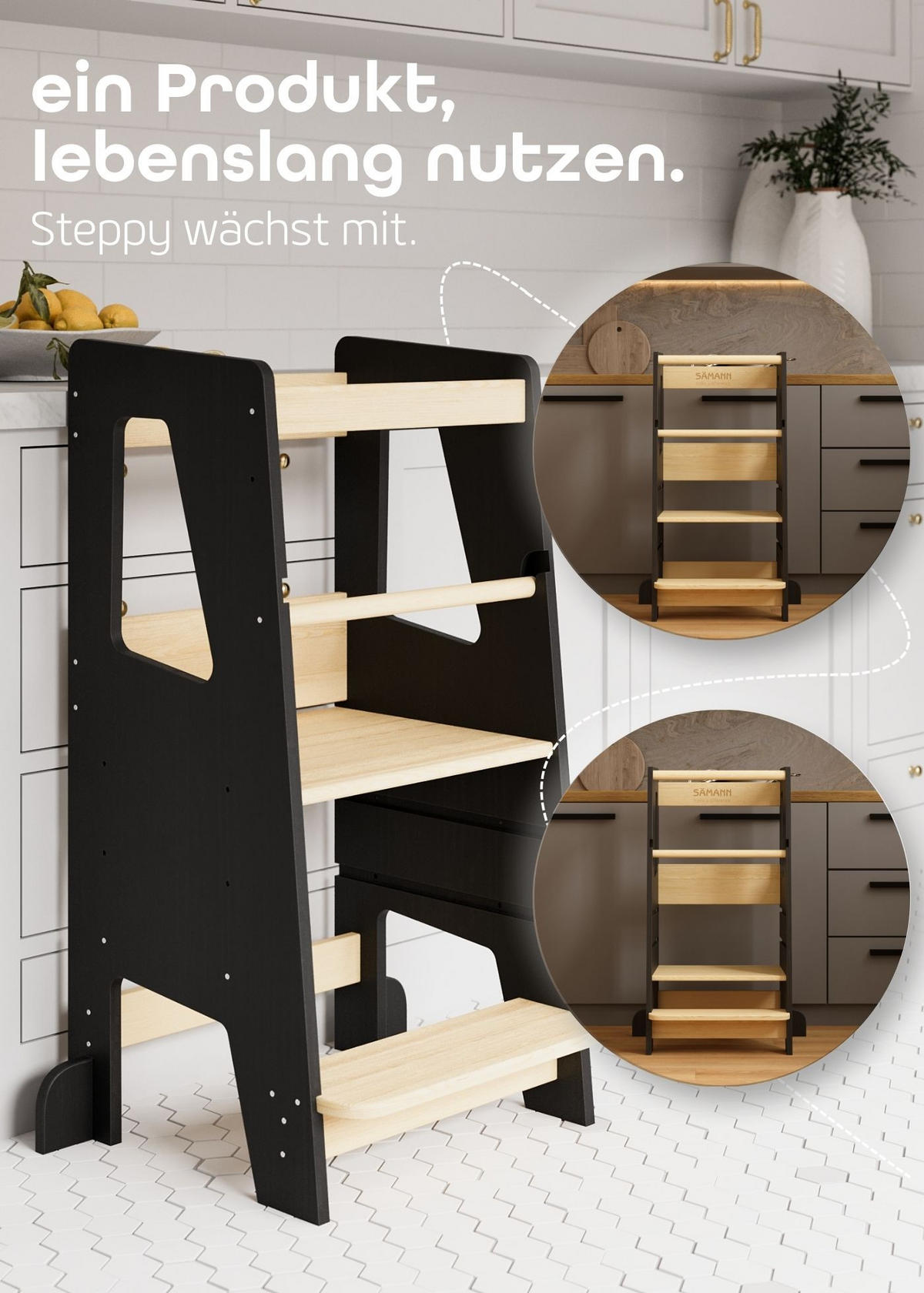 LERNTURM Steppy Höhenverstellbar Montessori Kippschutz schwarz/natur - Schwarz/Naturfarben, Holzwerkstoff (44/90/44cm) - Sämann – make a difference.