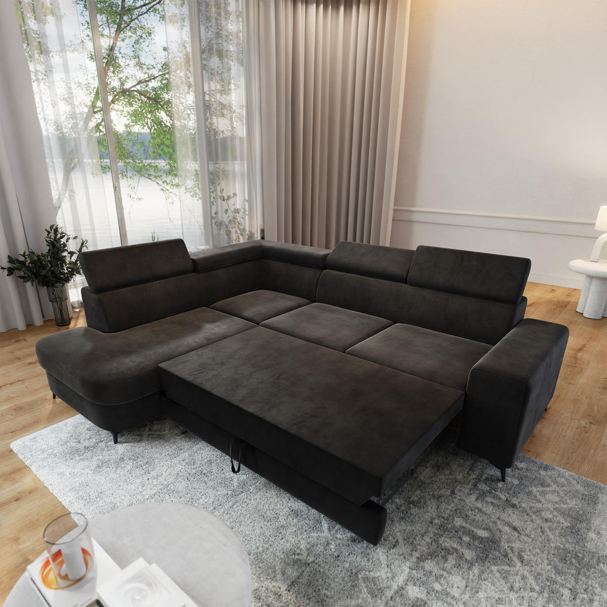 ECKSOFA ALVORO L-S Schwarz Velours-Stoff mit Schlaffunktion - Schwarz, Holz (253/190cm) - MASSENO