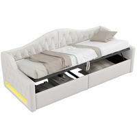 POLSTERBETT 90/200 cm Beige mit LED-Beleuchtung und Stauraum aus Leinen - Beige, Holzwerkstoff (90/200cm) - OKWISH