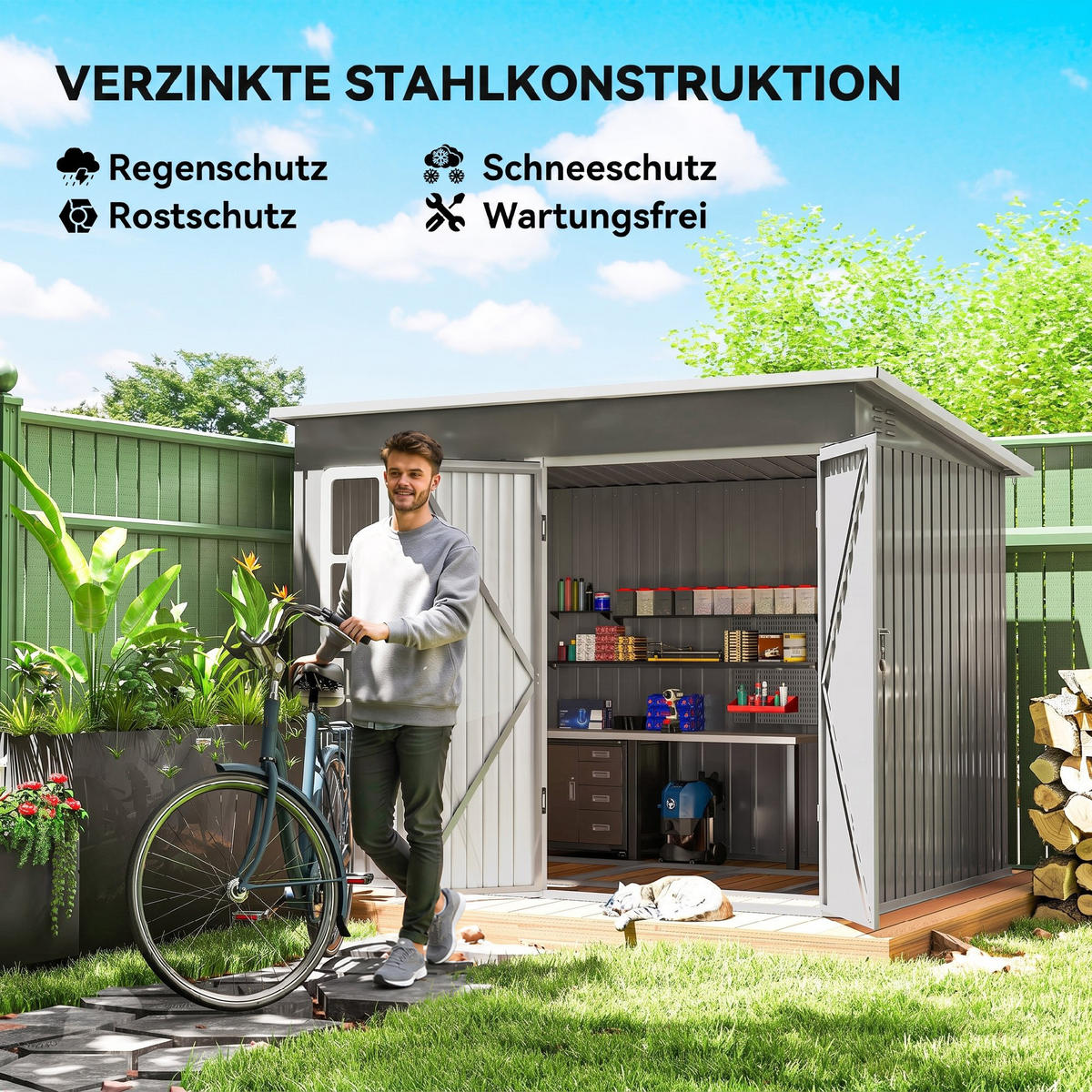 GARTENSCHUPPEN Verzinkter Stahl Hellgrau - Hellgrau, Metall (177/190/260cm) - Outsunny