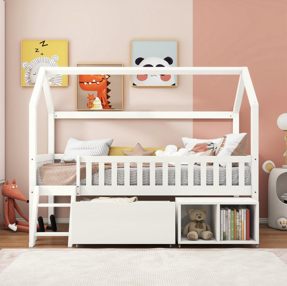 HAUSBETT 90/200 cm Weiß mit Schubladen und Anti-Drop-Geländer - Weiß, Holz (90/200cm) - OKWISH