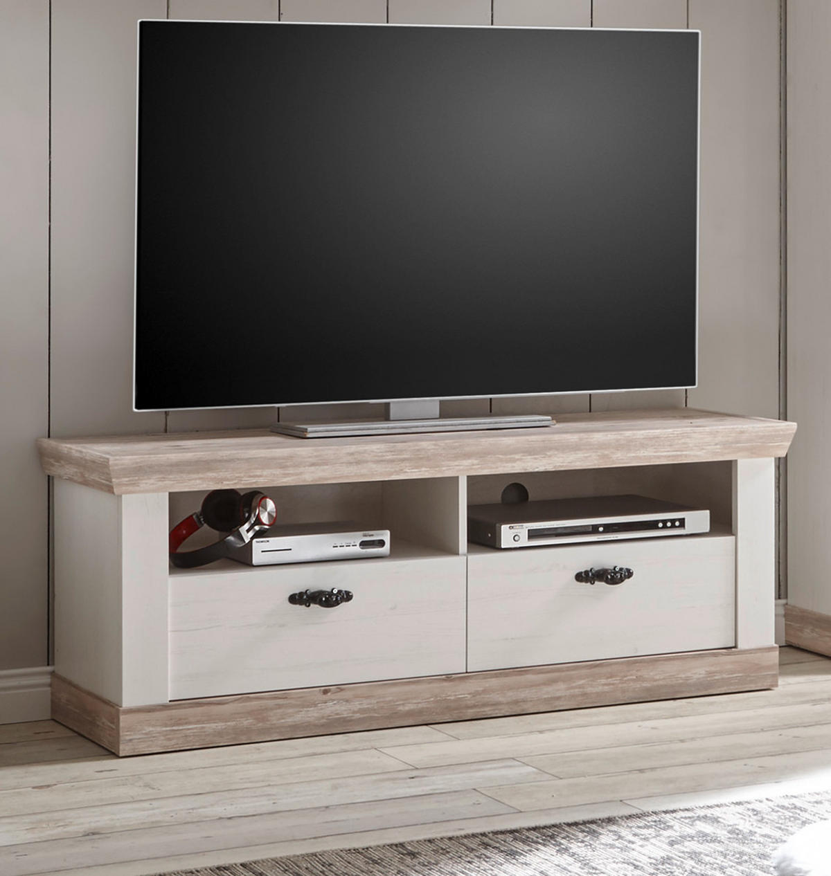TV-LOWBOARD Pinie weiß, Oslo Pinie Landhaus, TV-Unterteil, 134 x 51 cm - Anthrazit/Weiß, Holzwerkstoff/Metall (134/51/44cm) - Furn.Design