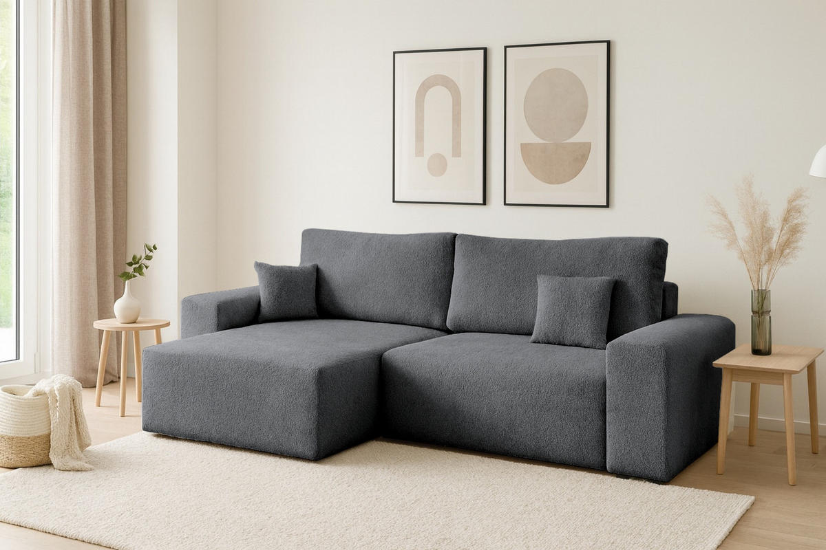 ECKSOFA MILKY 255/148 in Bouclé Dunkelgrau links - Dunkelgrau, Holz/Holzwerkstoff (255/148cm) - Deine Möbel 24