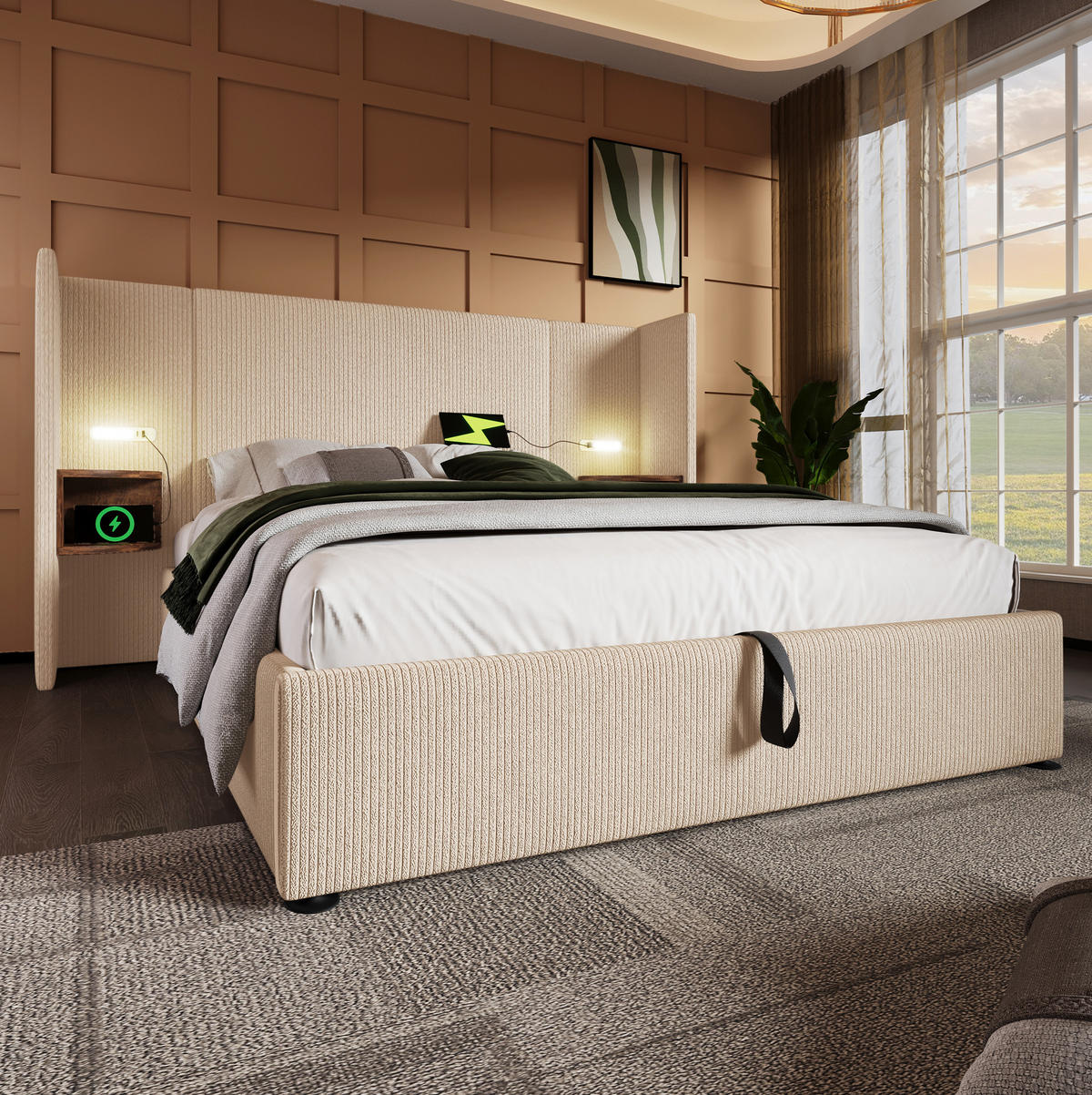 POLSTERBETT 160/200 cm Beige mit Stauraum, Matratze und USB- und Type-C-Anschlüssen - Beige, Textil (160/200cm) - Flora Grace