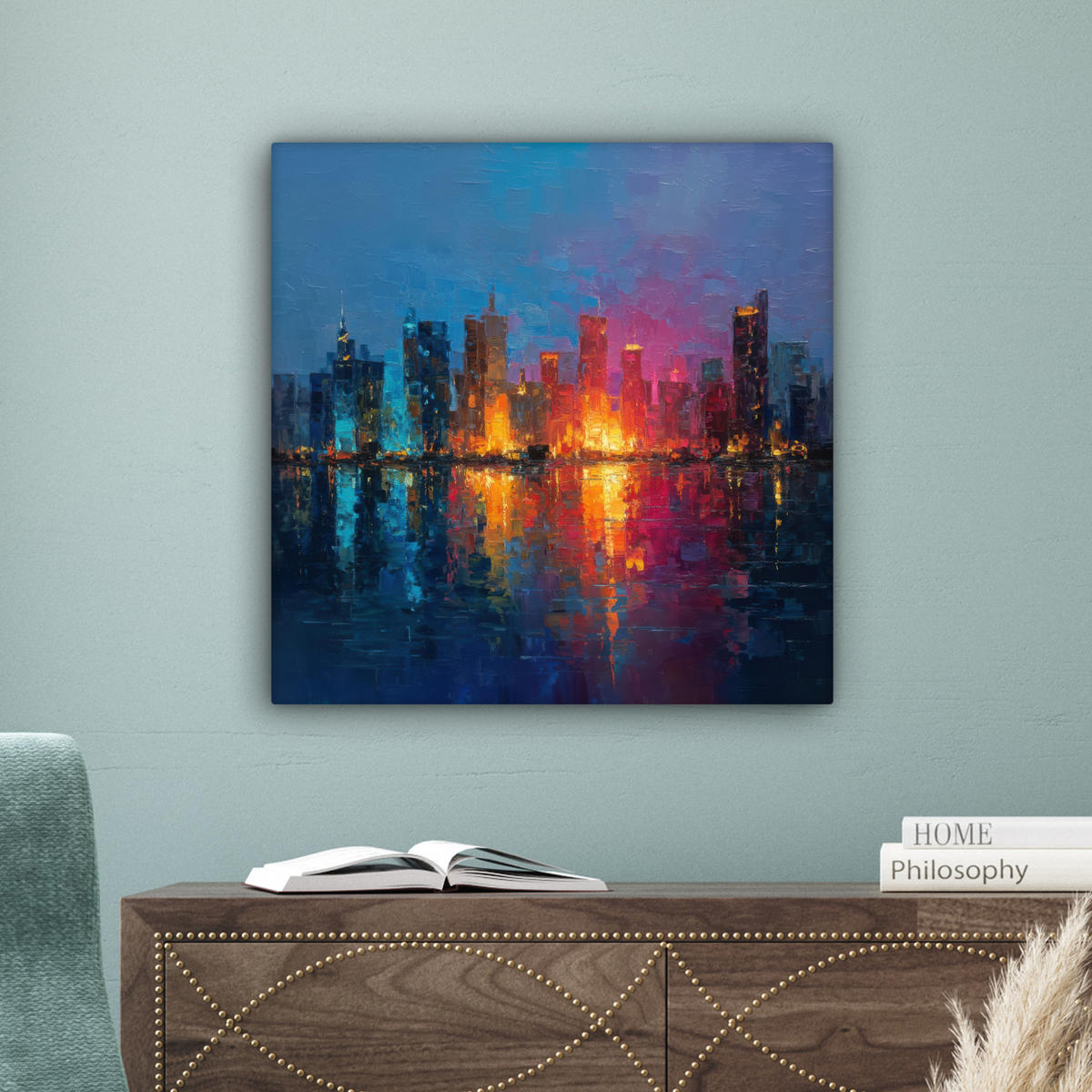 LEINWANDBILD Skyline - Pinselstriche - Dunkelblau - Leuchtend Wandbild Wohnzimmer 50x50 cm - Blau, Textil (50/50cm) - MuchoWow