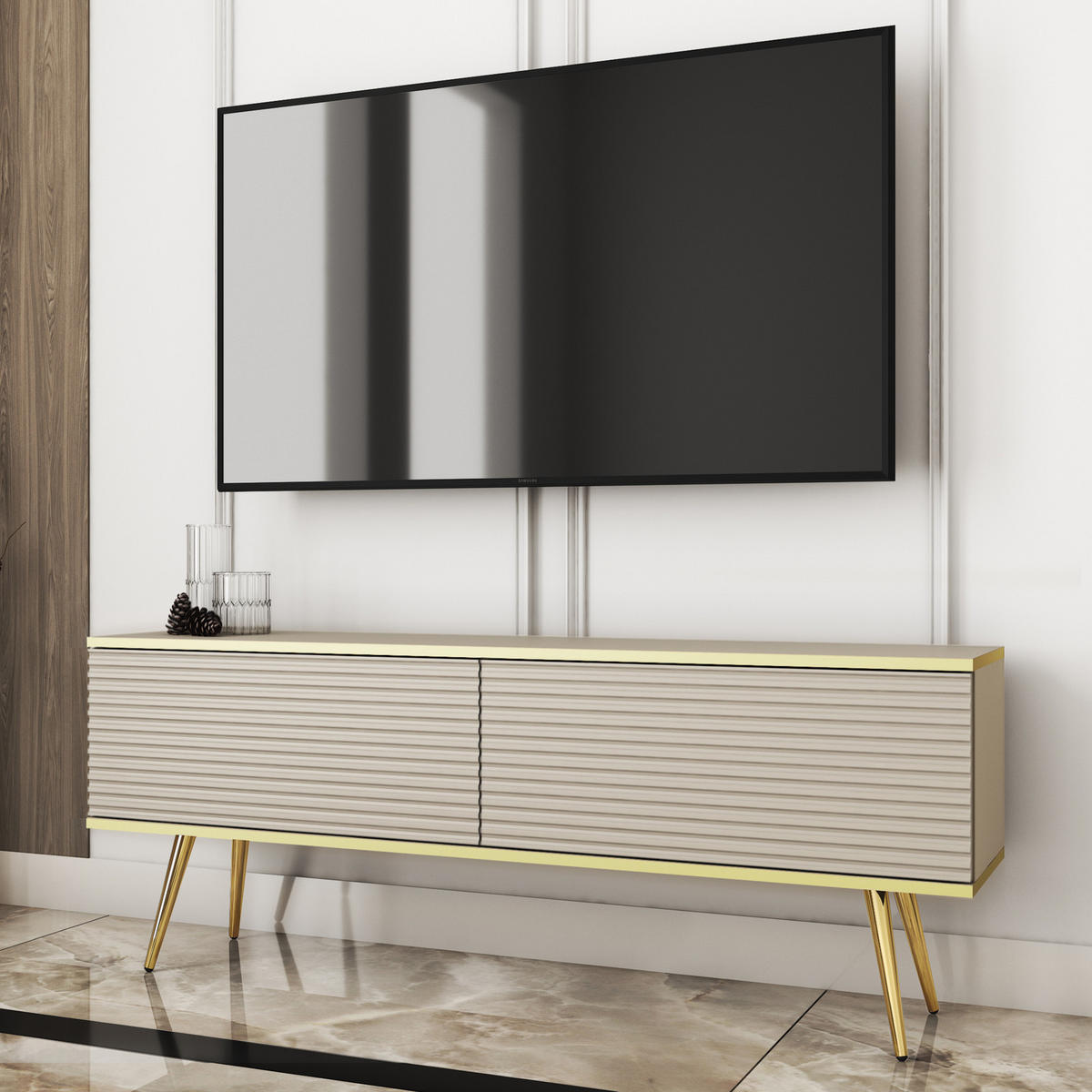 TV-BOARD FORNO (Beige, Rillenfront, Goldene Details, 2 Klapptüren, goldene Metallfüße, 135 cm) - Gelb/Beige, Holz/Holzwerkstoff (135/53/32cm) - Ravio