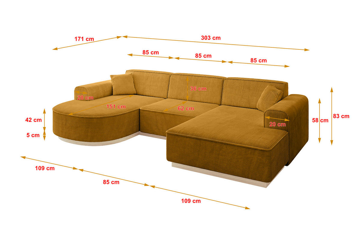 WOHNLANDSCHAFT ARRIO-U1 303x171x83 cm Currygelb - Currygelb, Holzwerkstoff/Textil (303/83/171cm) - ALTDECOR