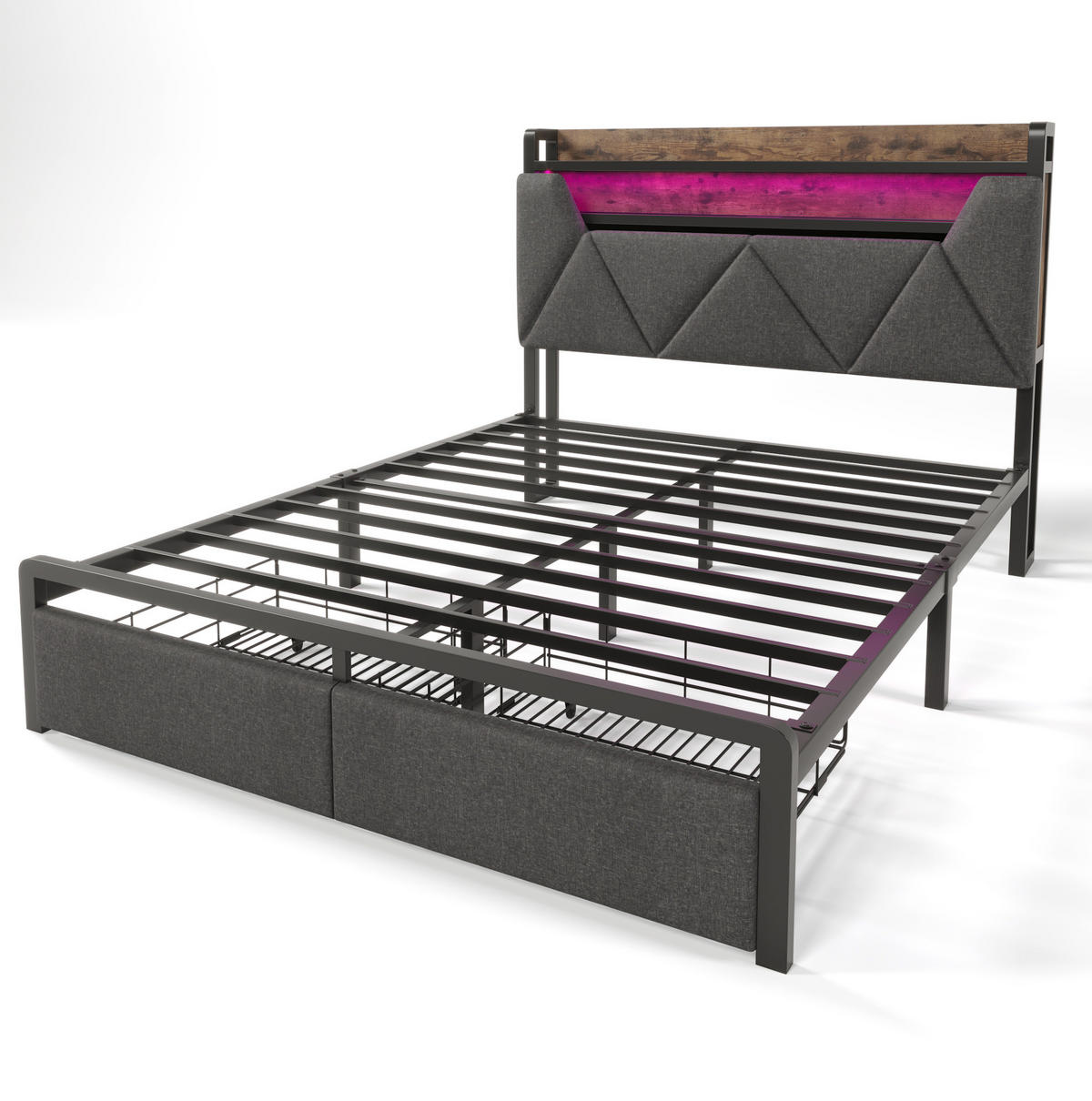 BETT 140/200 cm in Grau mit Stauraum-Kopfteil, LED, Schubladen & Matratze - Grau, Textil (140/200cm) - BEAOK