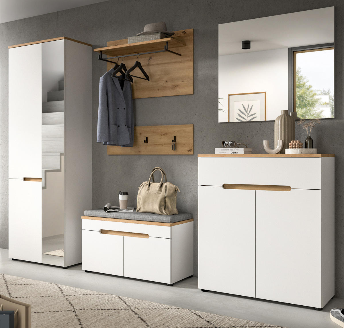 GARDEROBEN-SET weiß, Eiche Artisan 7-teilig, Komplett-Set mit Soft-Close und Sitzkissen - Weiß, Glas/Holzwerkstoff (255/190/37cm) - Inn.Furn