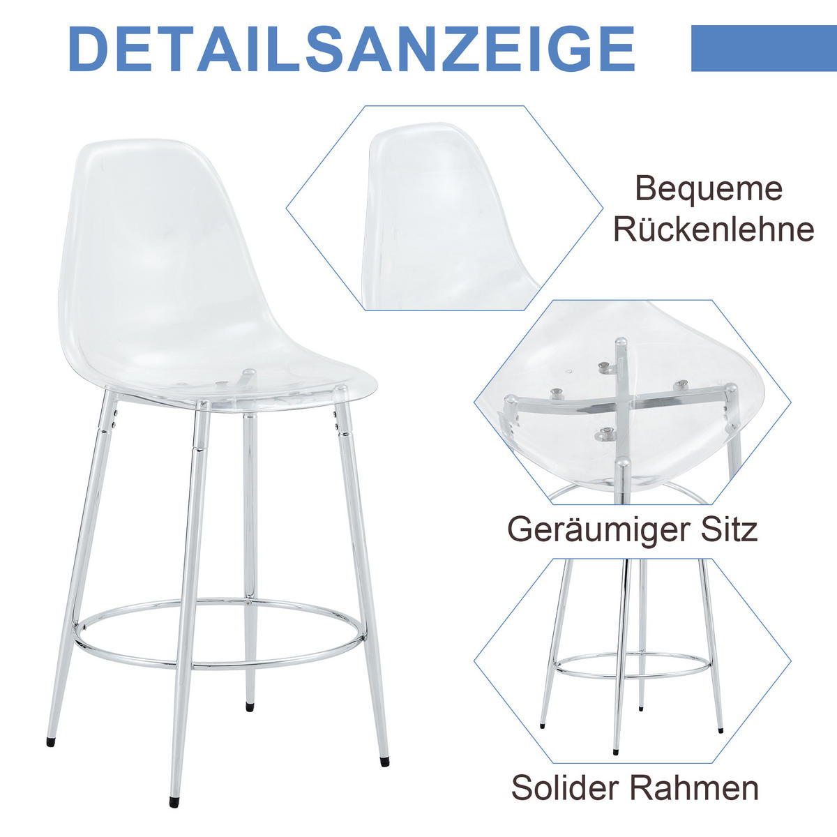 BARHOCKER 2er-Set Silber Transparent mit Rückenlehne und Fußstütze - Silberfarben, Metall (48.5/102/48.5cm) - PANGIVO