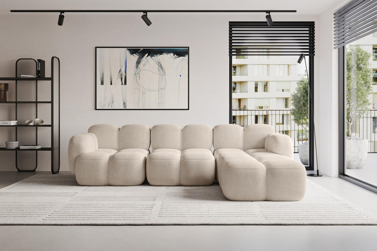 ECKSOFA modulares Sofa Rechts Miko-L2 302x205x75 Beige Velours - Ecru/Schwarz, Holzwerkstoff/Kunststoff (302/205cm) - ALTDECOR