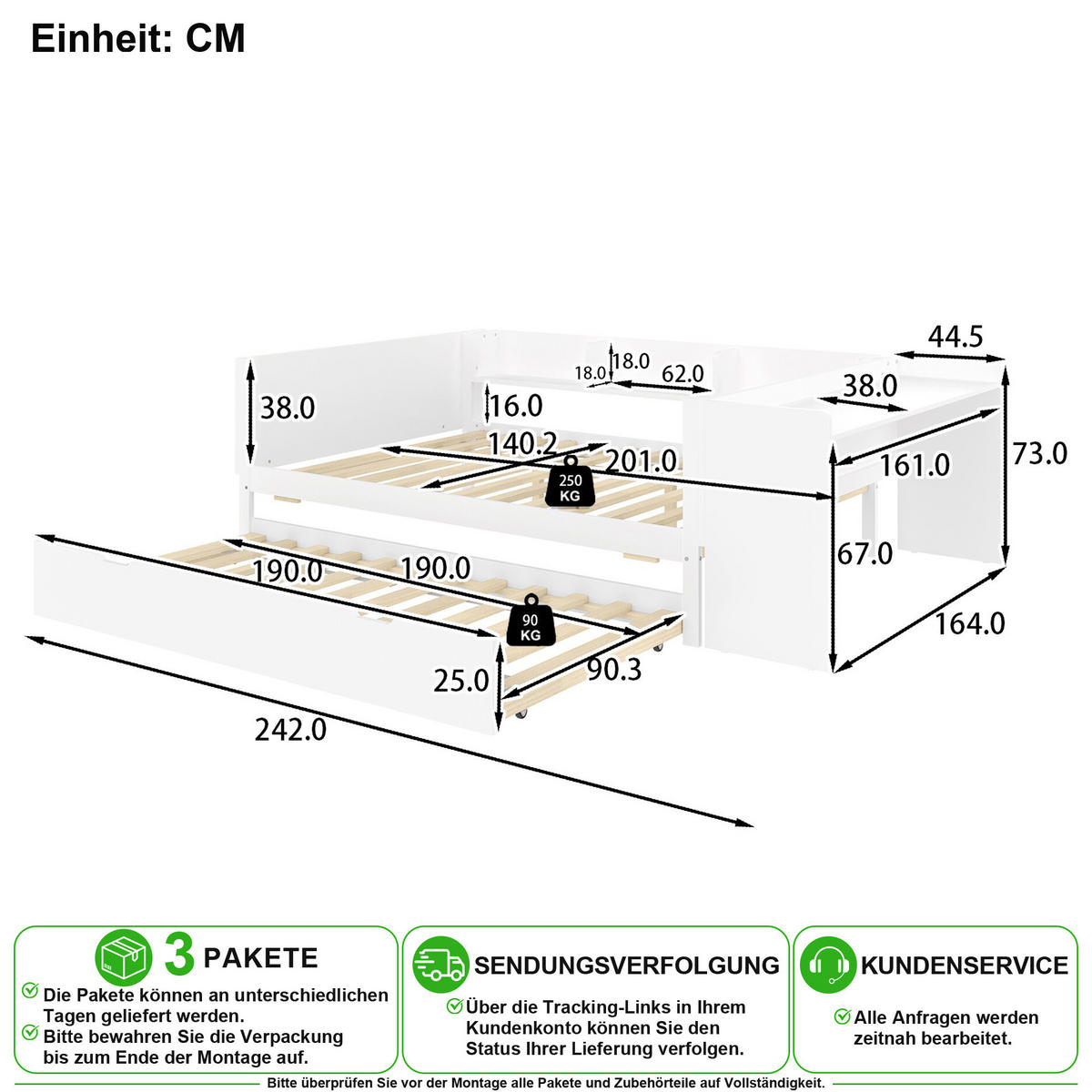 BETT 140/200 cm & 90/190 cm in Weiß mit Rollbett, Schreibtisch und Regalen - Weiß, Holz/Holzwerkstoff (140/200cm) - CHICFURN