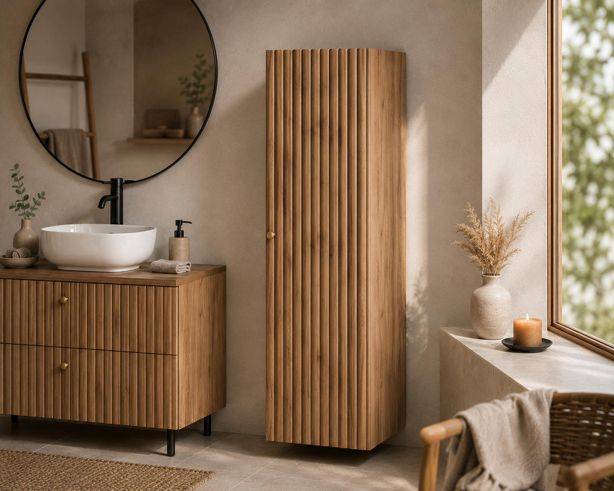 BADEZIMMER-HOCHSCHRANK: Craft Eiche Gold / Griffe Gold, 35 x 27 x 136 cm - Eichefarben/Goldfarben, Holzwerkstoff (35/136/27cm) - 3XE LIVING