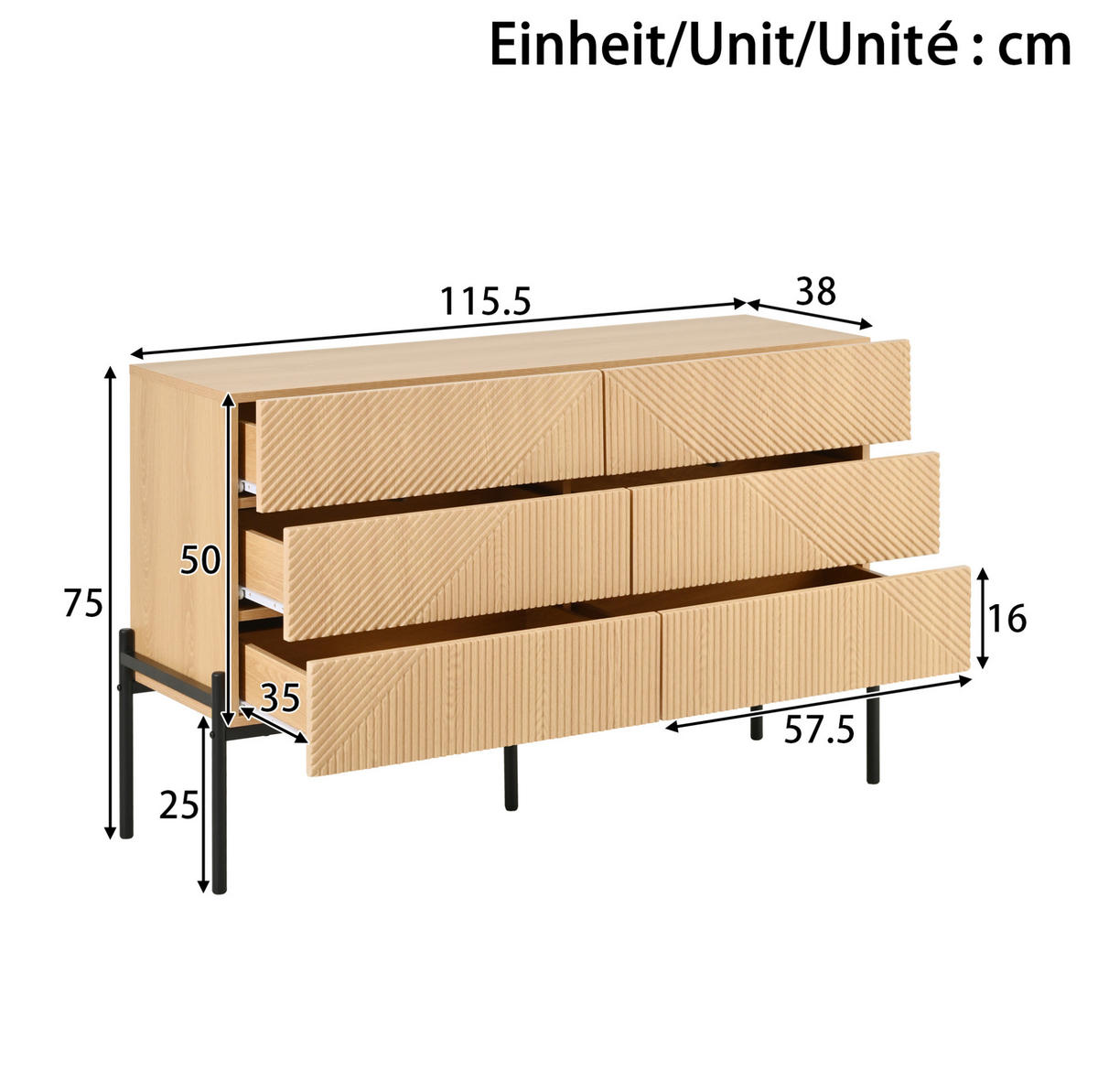 SIDEBOARD 115.5/38/75 cm Natur aus MDF mit 6 Schubladen - Naturfarben, Holzwerkstoff (38/75/115.5cm) - OKMYHOME