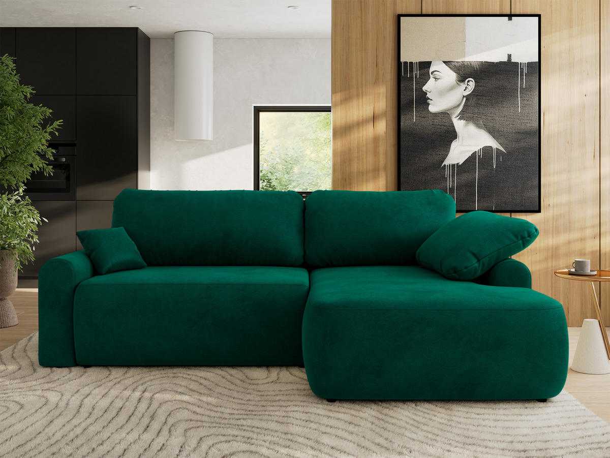 ECKSCHLAFSOFA CUBO L Dunkelgrün Velvet - rechts - Dunkelgrün/Schwarz, Kunststoff/Textil (187/273cm) - MKS