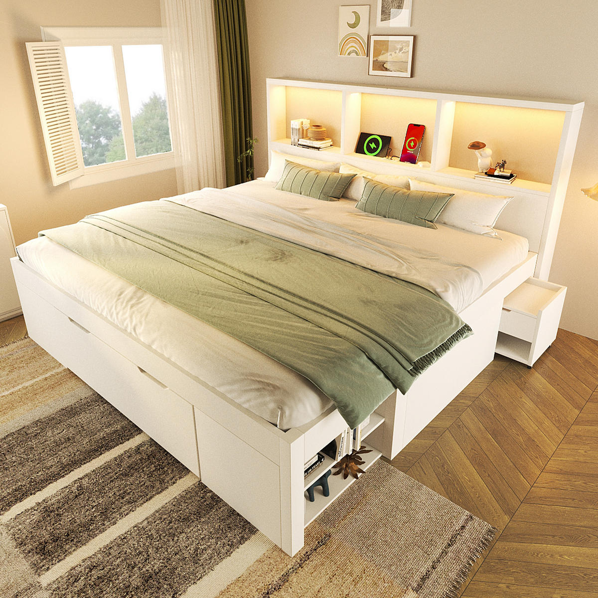 POLSTERBETT 140x190 cm in Weiß mit LED, USB-C & beweglichem Nachttisch - Weiß, Holzwerkstoff (140/190cm) - Modfu