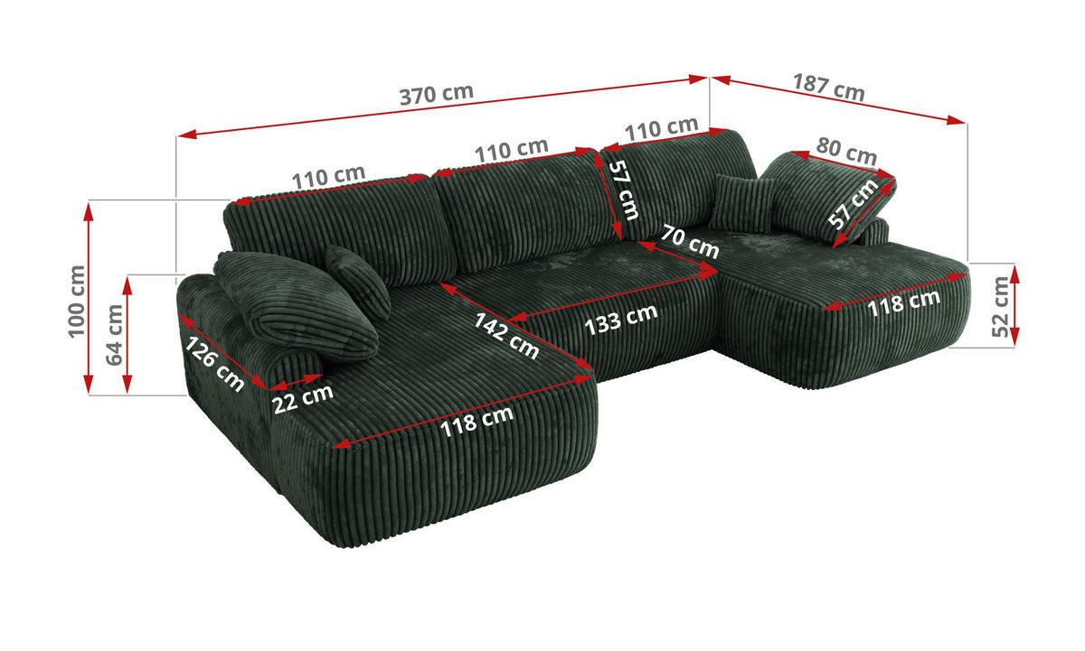 WOHNLANDSCHAFT CUBO U Grün Cord - Schwarz/Grün, Kunststoff/Textil (370/100/187cm) - MKS