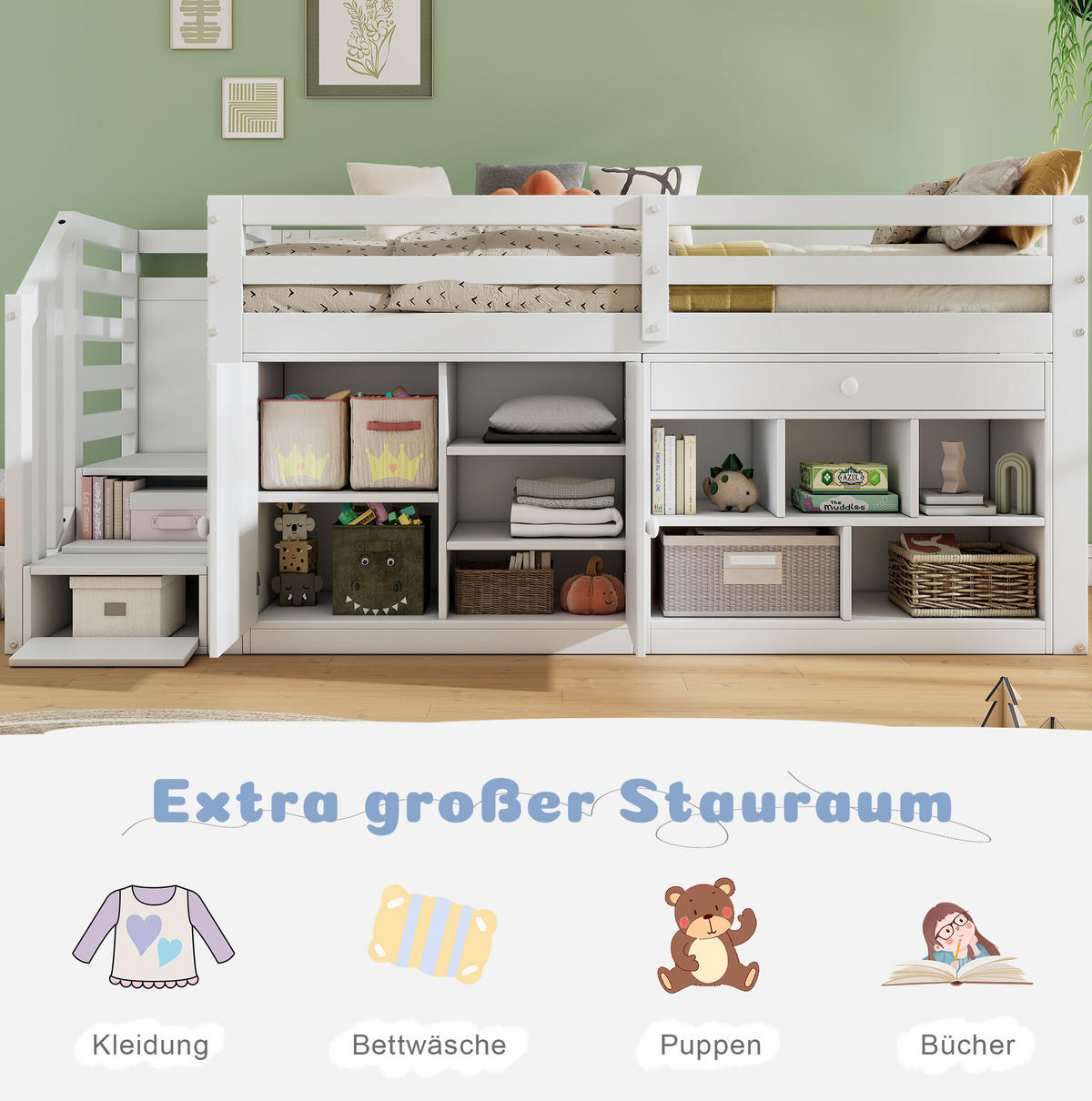 KINDERBETT 90/200 cm Weiß aus Massivholz mit Stauraum und Schreibtischfunktion - Weiß, Holz (90/200cm) - OKMYHOME