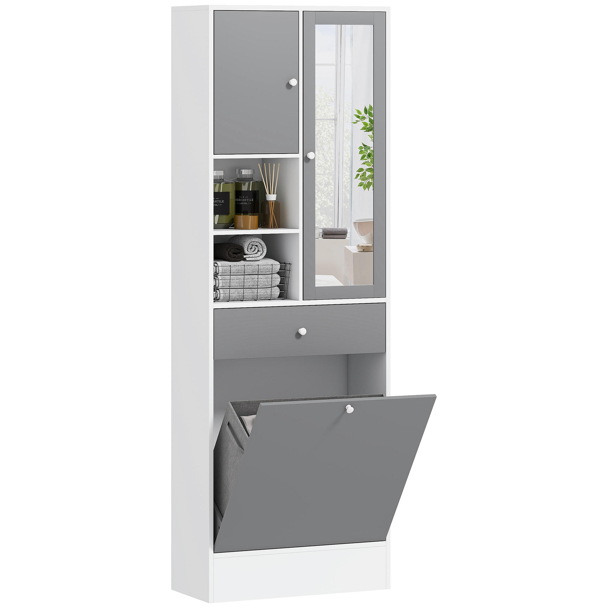 HOCHSCHRANK DE-12463 62/28/181 cm mit Spiegel und Wäschekorb Grau - Grau, Holzwerkstoff (62/181/28.3cm) - ComfortXL