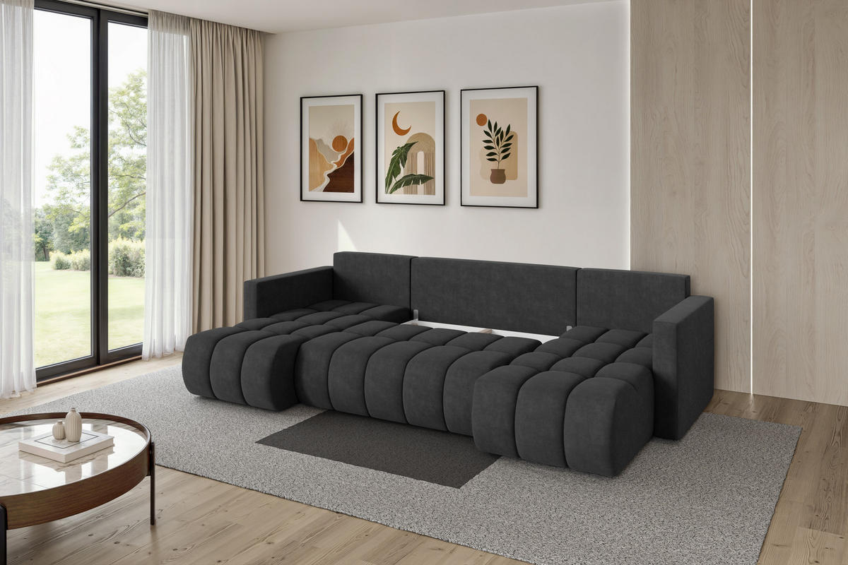 SEDACÍ SOUPRAVA DO U s funkcí spaní a úložným prostorem GARD-U 300x146x85 tmavě šedá velur - černá/antracitová, kompozitní dřevo/textil (300/85/146cm) - ALTDECOR