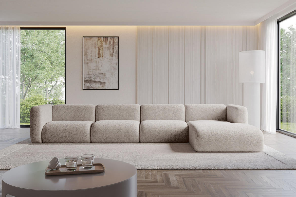 ECKSOFA Ottomane Rechts MIRA-L3 409x179x70 Hellgrau Velours - Hellgrau/Schwarz, Holzwerkstoff/Kunststoff (409/179cm) - ALTDECOR