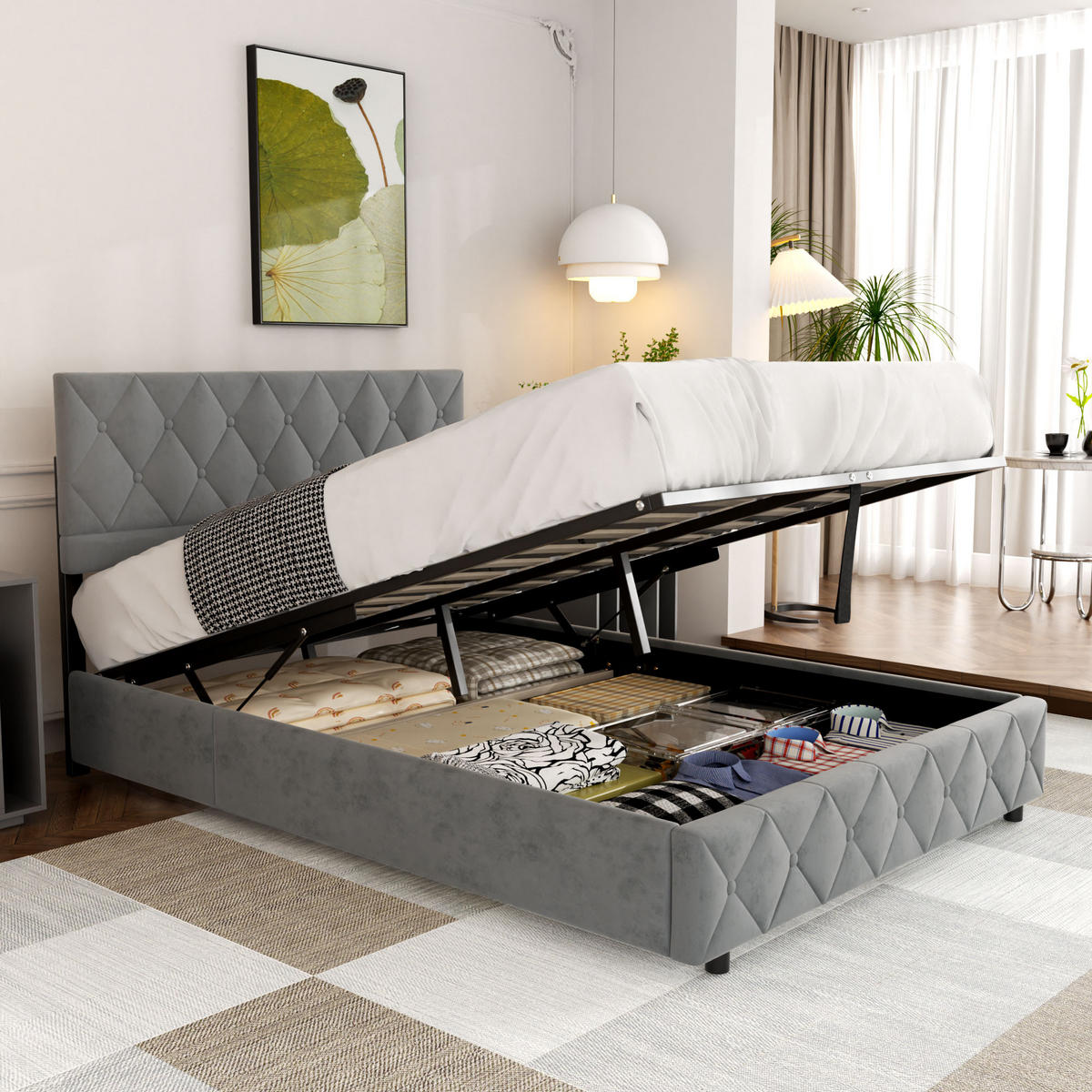 POLSTERBETT aus Samt 140x200 cm Grau mit hydraulischem Stauraum - Grau, Textil (140/200cm) - Modfu