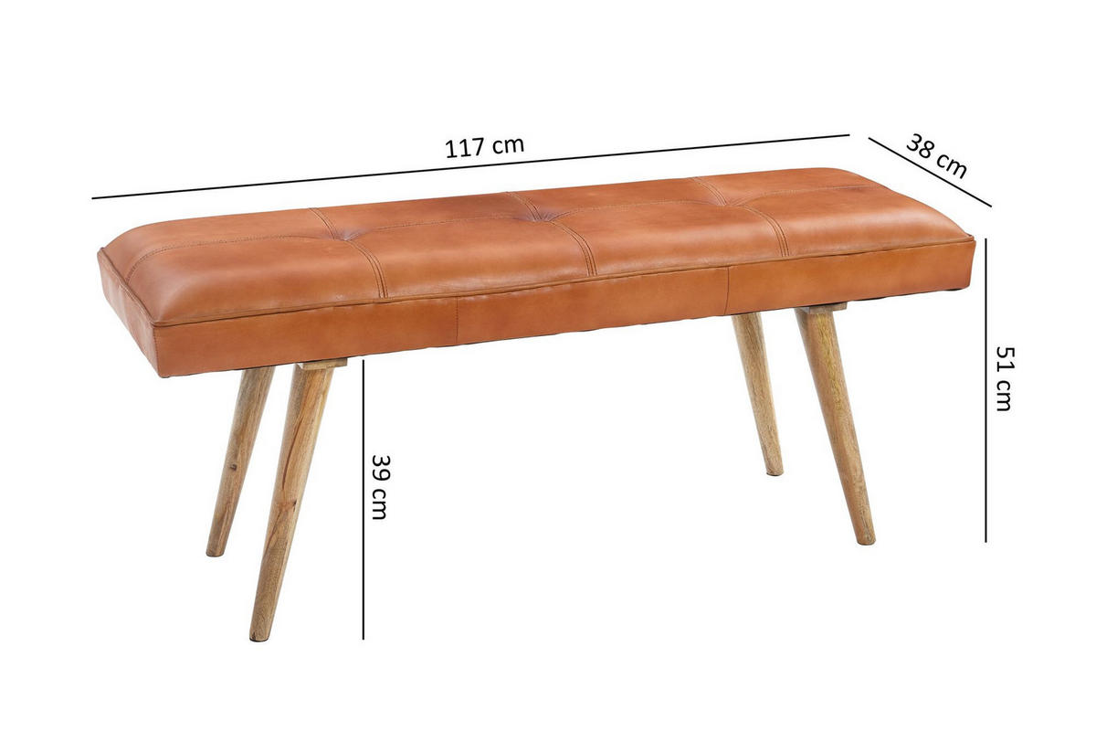SITZBANK – Ziegenleder/Massivholz, Retro-Stil, 200 kg Belastbarkeit - Braun, Mangoholz/Leder (117/51/38cm) - KADIMA DESIGN