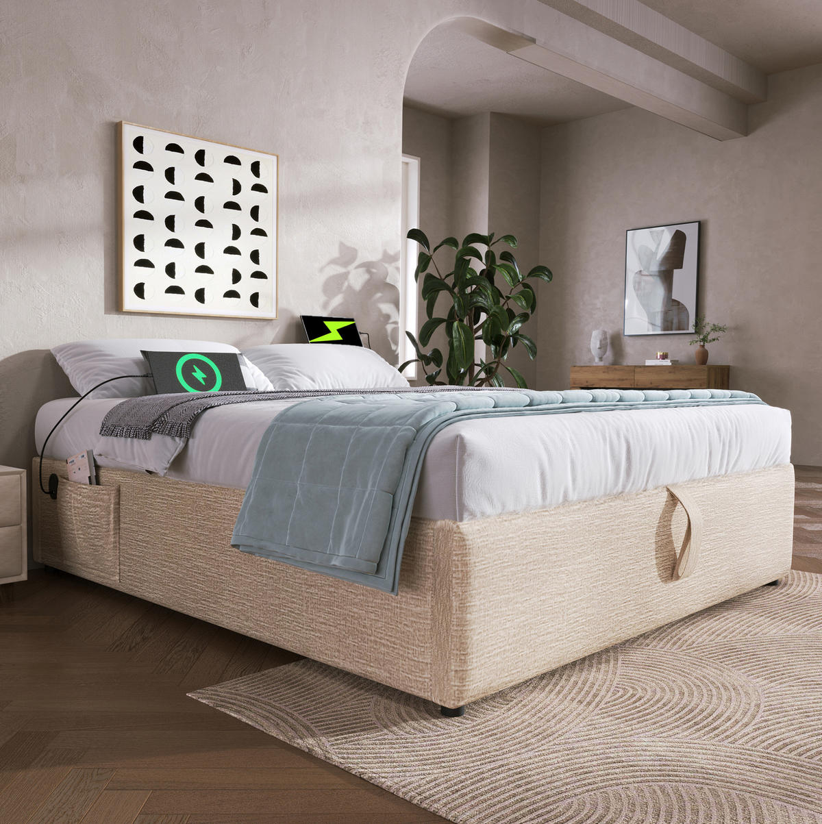 POLSTERBETT mit Stauraum 140x200 cm Leinen Natur mit USB-C - Beige, Metall (140/200cm) - Meubliv