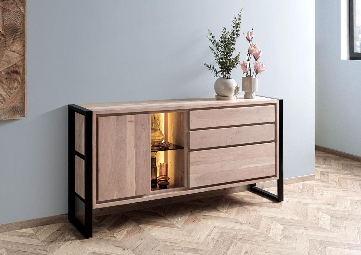SIDEBOARD Akazie / Altholz 180x40x90 natur lackiert DENVER #111 - Braun, Holz (180/90/40cm) - Massivmoebel24